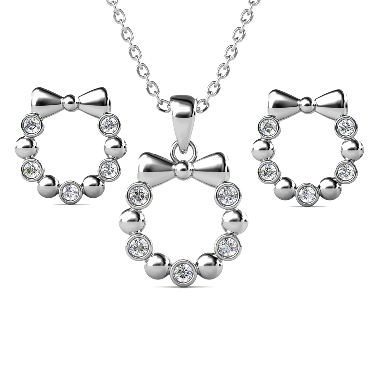 Edith 18k White Gold Plated Silver Ribbon Necklace and Earring Set with Swarovski Crystals
