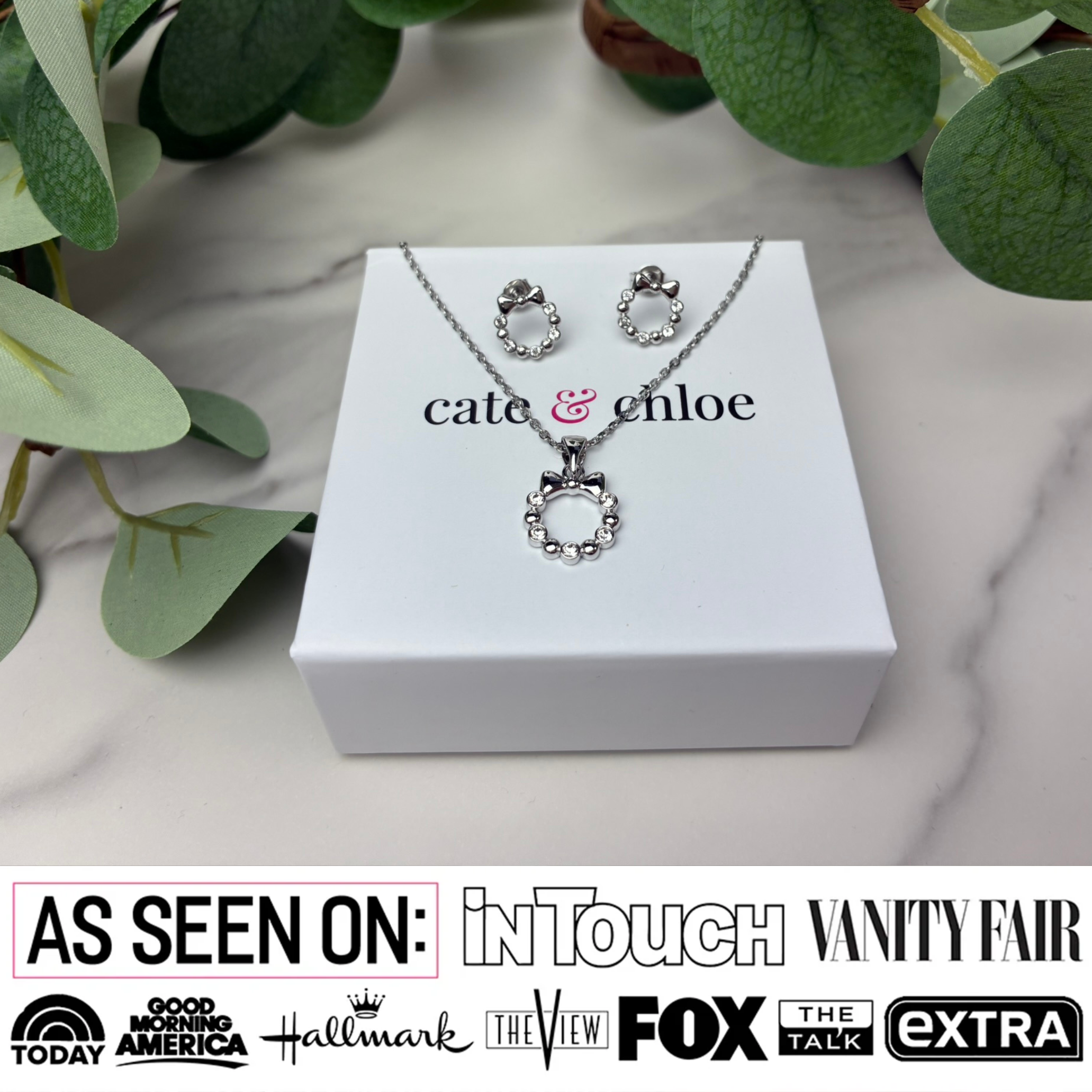Edith 18k White Gold Plated Silver Ribbon Necklace and Earring Set with Swarovski Crystals