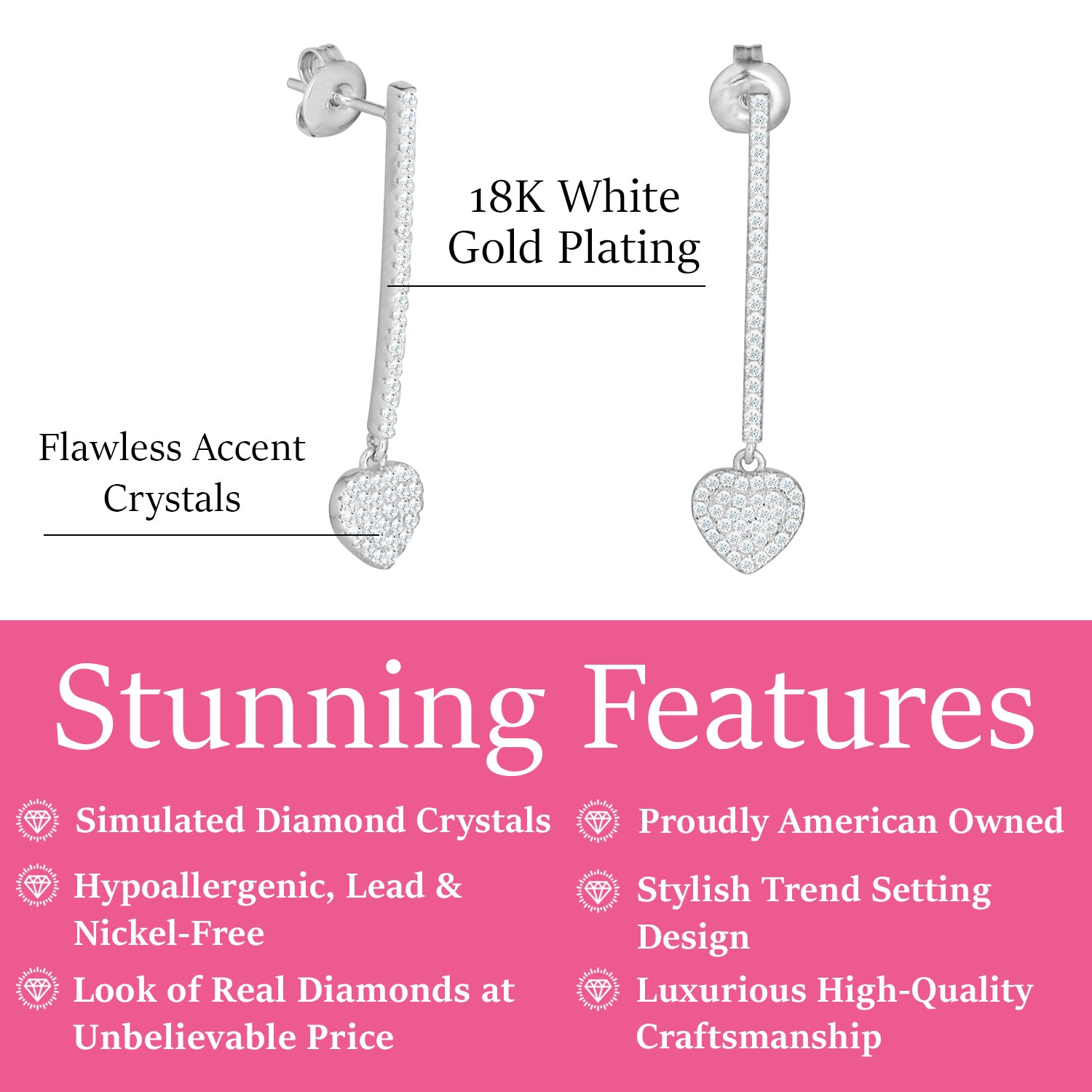 Ella 18k White Gold Plated Heart Drop Earrings with Simulated Diamond Crystals — Final Sale