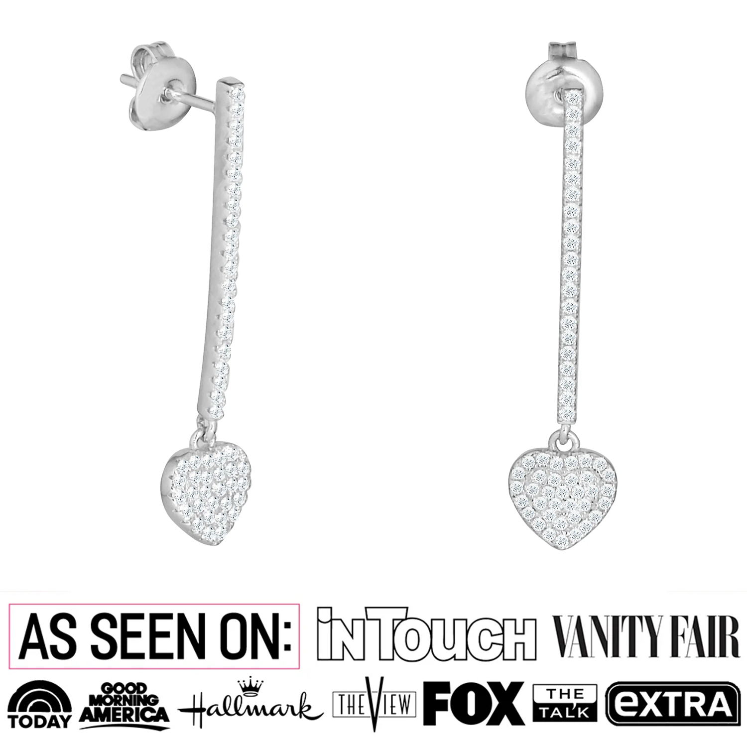 Ella 18k White Gold Plated Heart Drop Earrings with Simulated Diamond Crystals — Final Sale