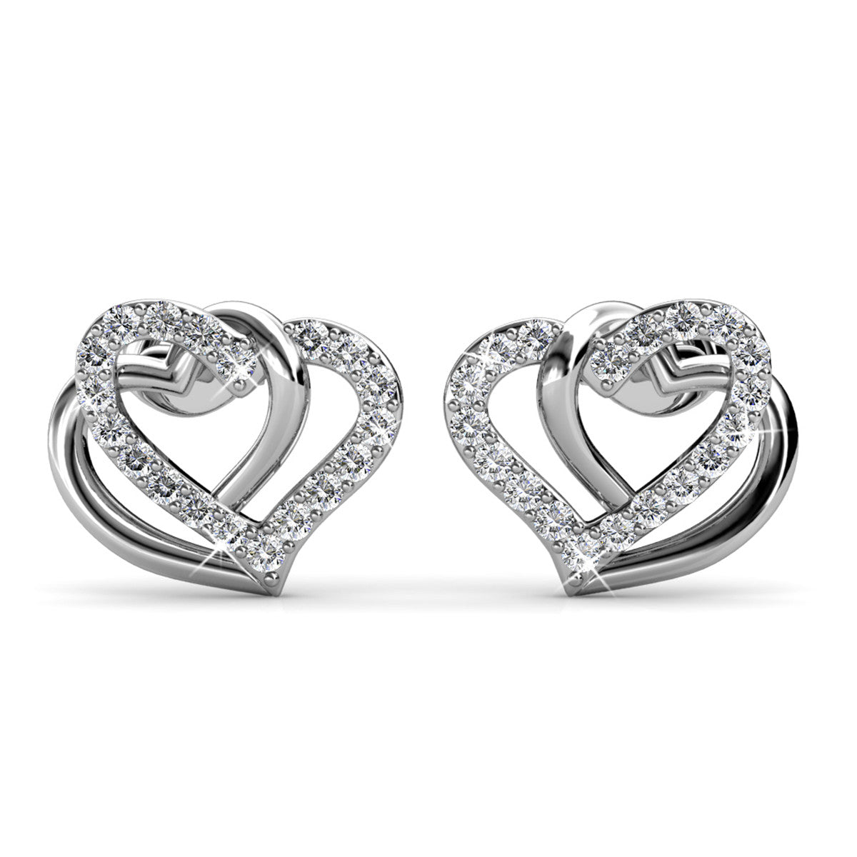 Angela 18k White Gold Plated Silver Double Heart Stud Earrings with Swarovski Crystals