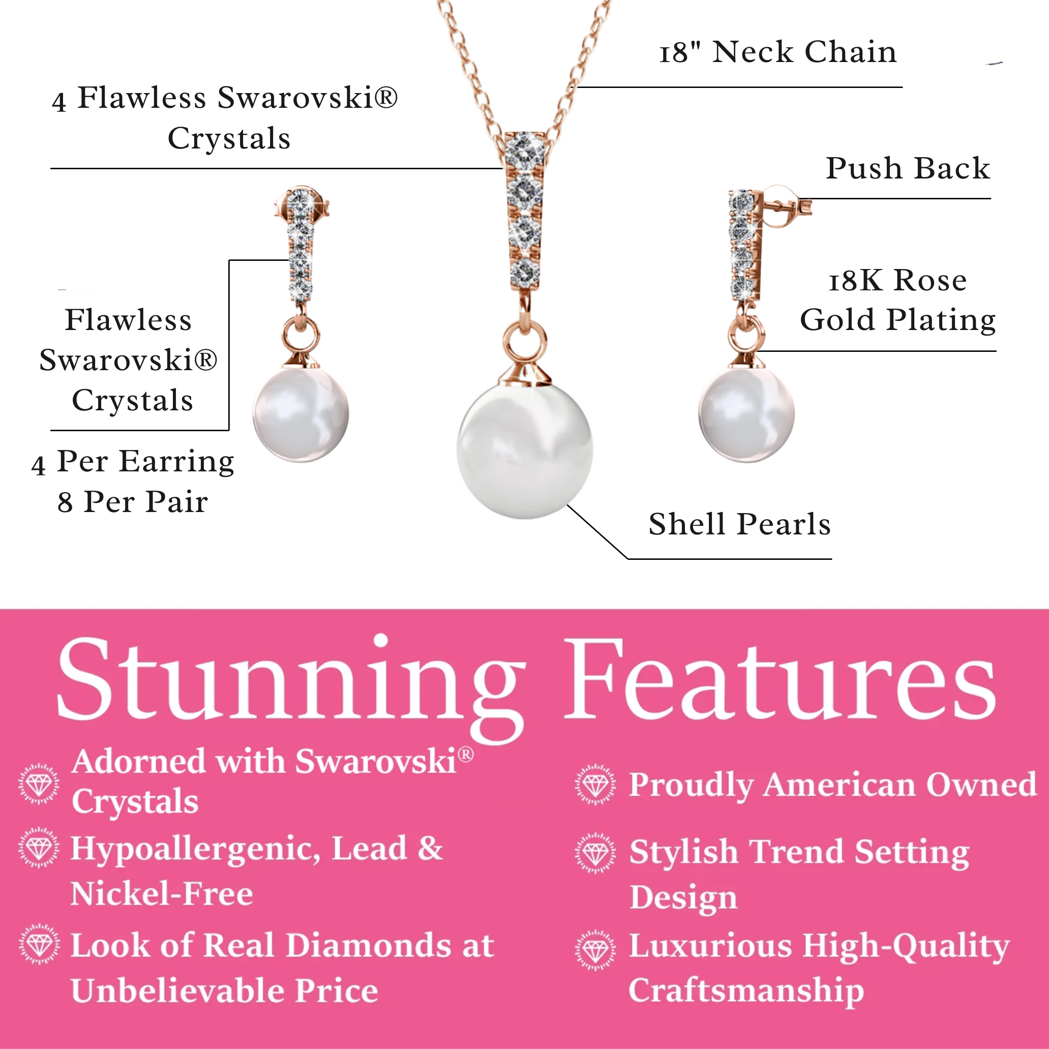 Gabrielle 18k 白金镀施华洛世奇水晶珍珠吊式耳环和项链首饰套装