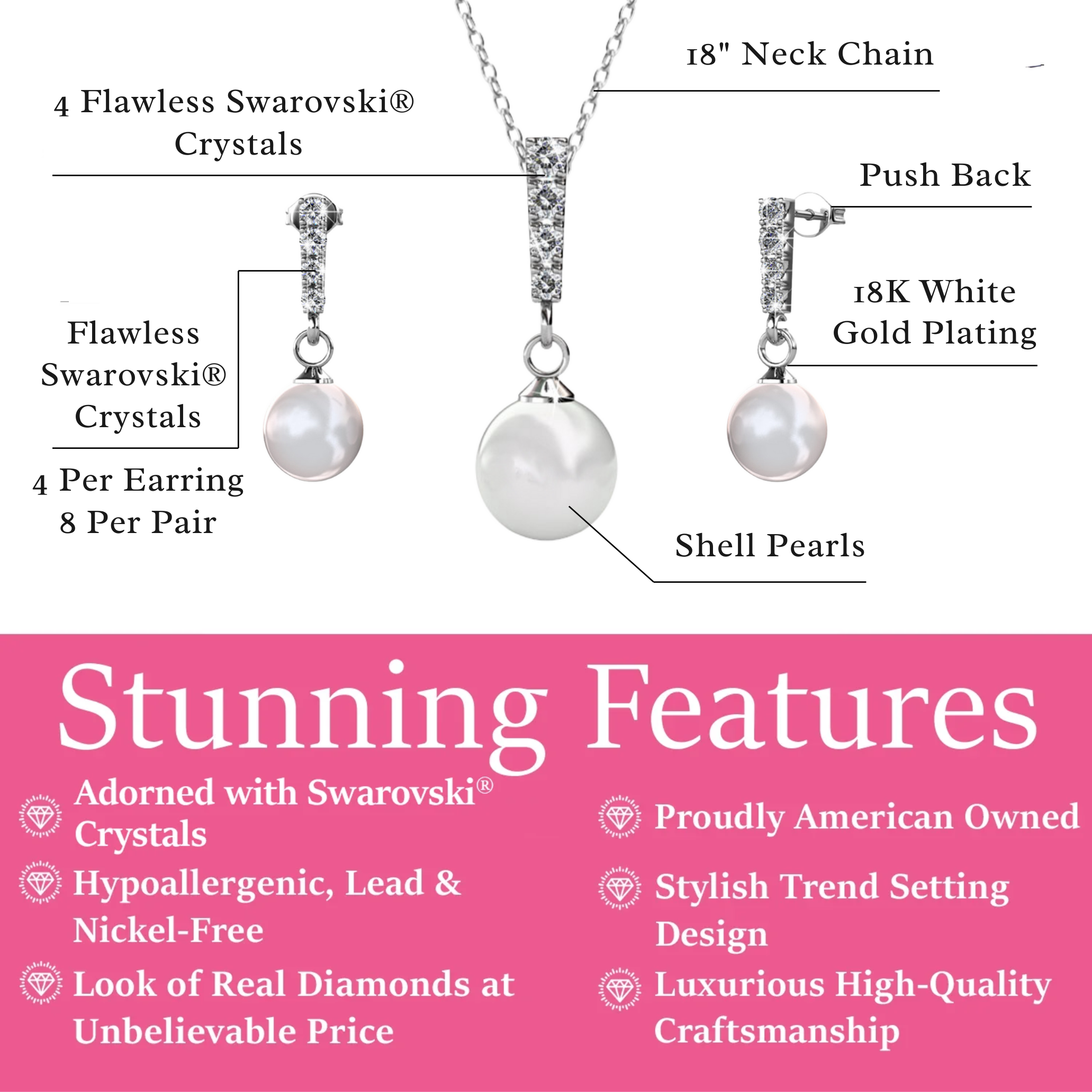 Gabrielle 18k 白金镀施华洛世奇水晶珍珠吊式耳环和项链首饰套装