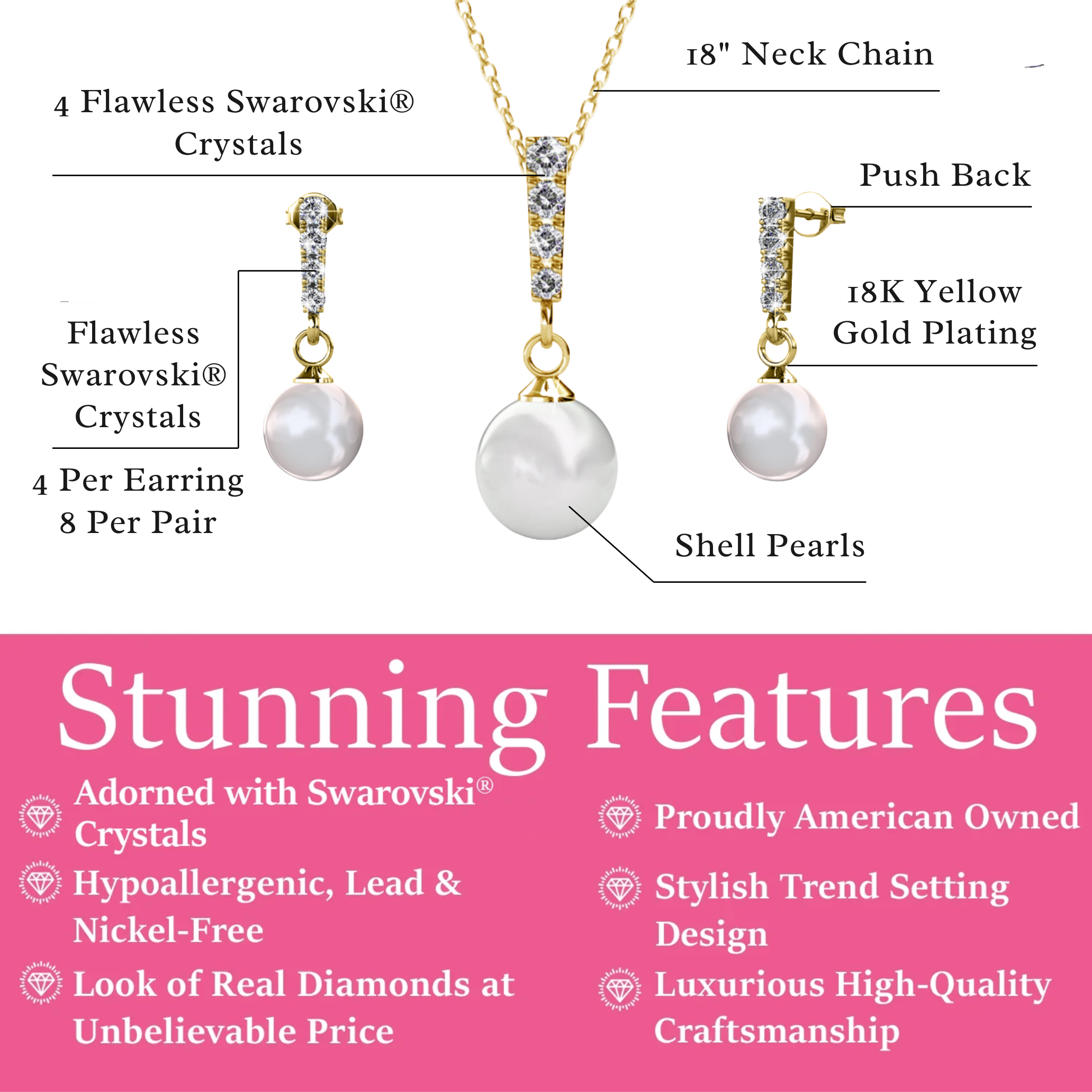 Gabrielle 18k 白金镀施华洛世奇水晶珍珠吊式耳环和项链首饰套装