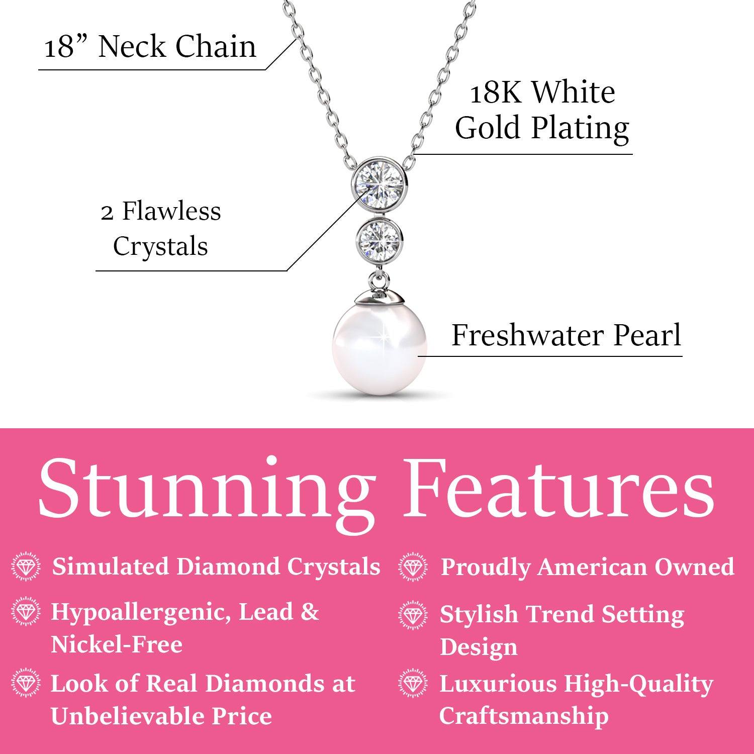 Genevieve "Sweet Pearl" 18k White Gold Plated Pendant Necklace with Swarovski Crystals - Fab Friday