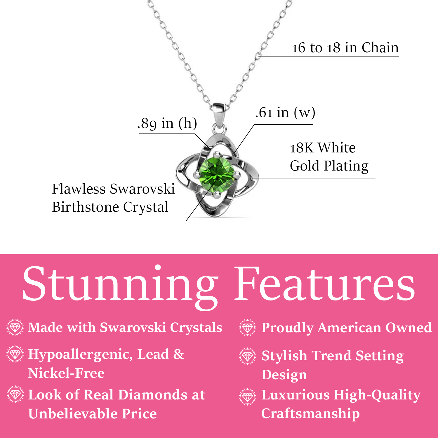 Infinity August Birthstone Peridot Necklace 18k White Gold Plated Silver Birthstone Necklace with Swarovski Crystal fetures