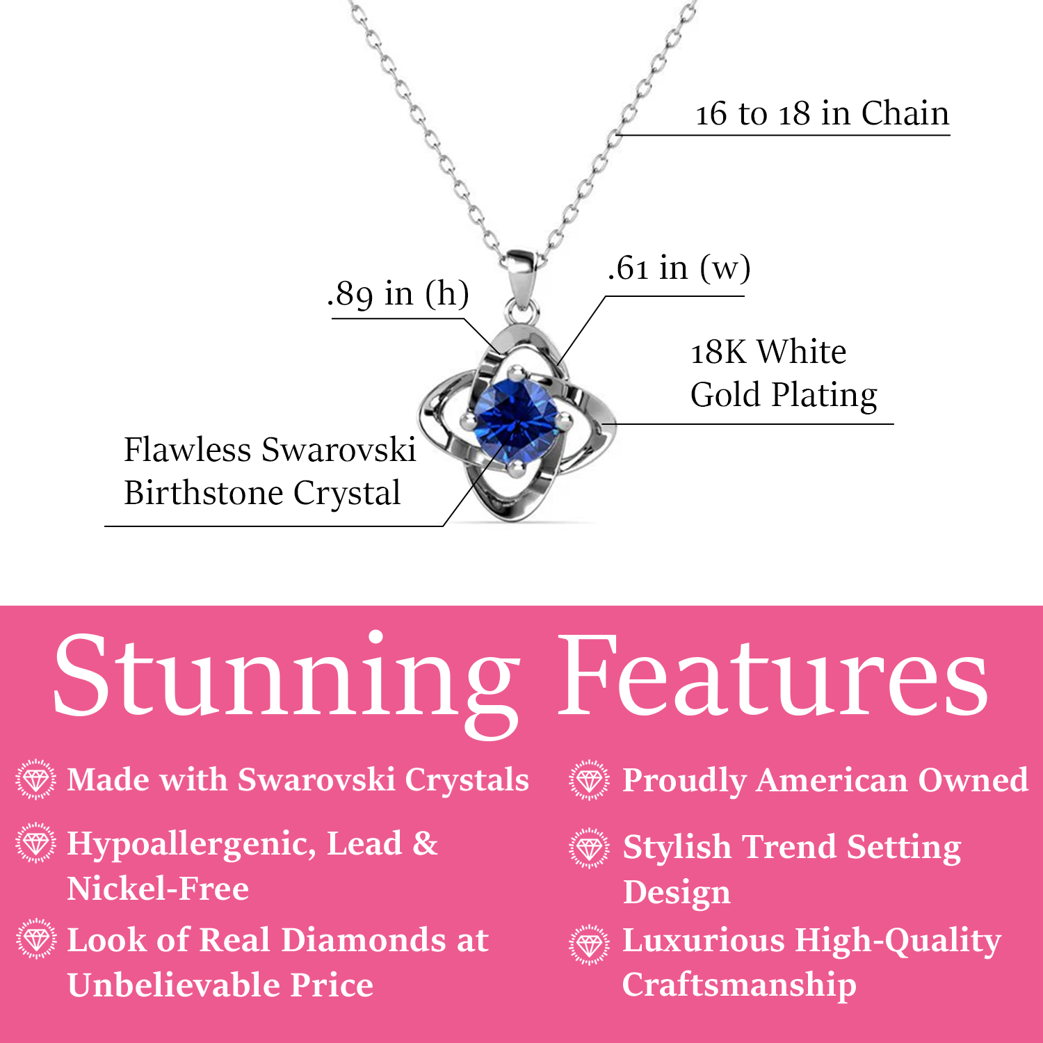 Infinity September Birthstone Sapphire Necklace with Swarovski Crystal in 18k White Gold Plated Silver Features