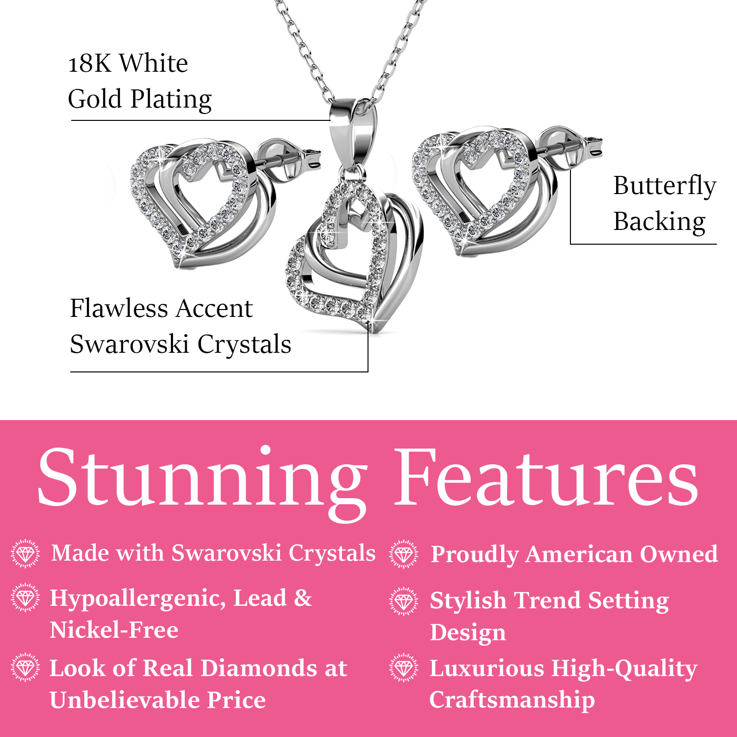 Angela 18k White Gold Plated Double Heart Stud Earrings and Necklace Set with Swarovski Crystals