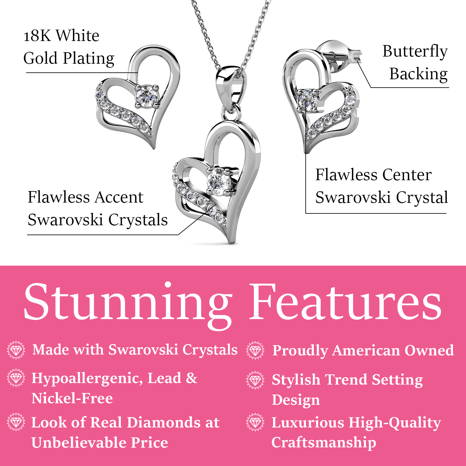 Kara 18k White Gold Plated Silver Heart Necklace and Earring Set with Swarovski Crystals
