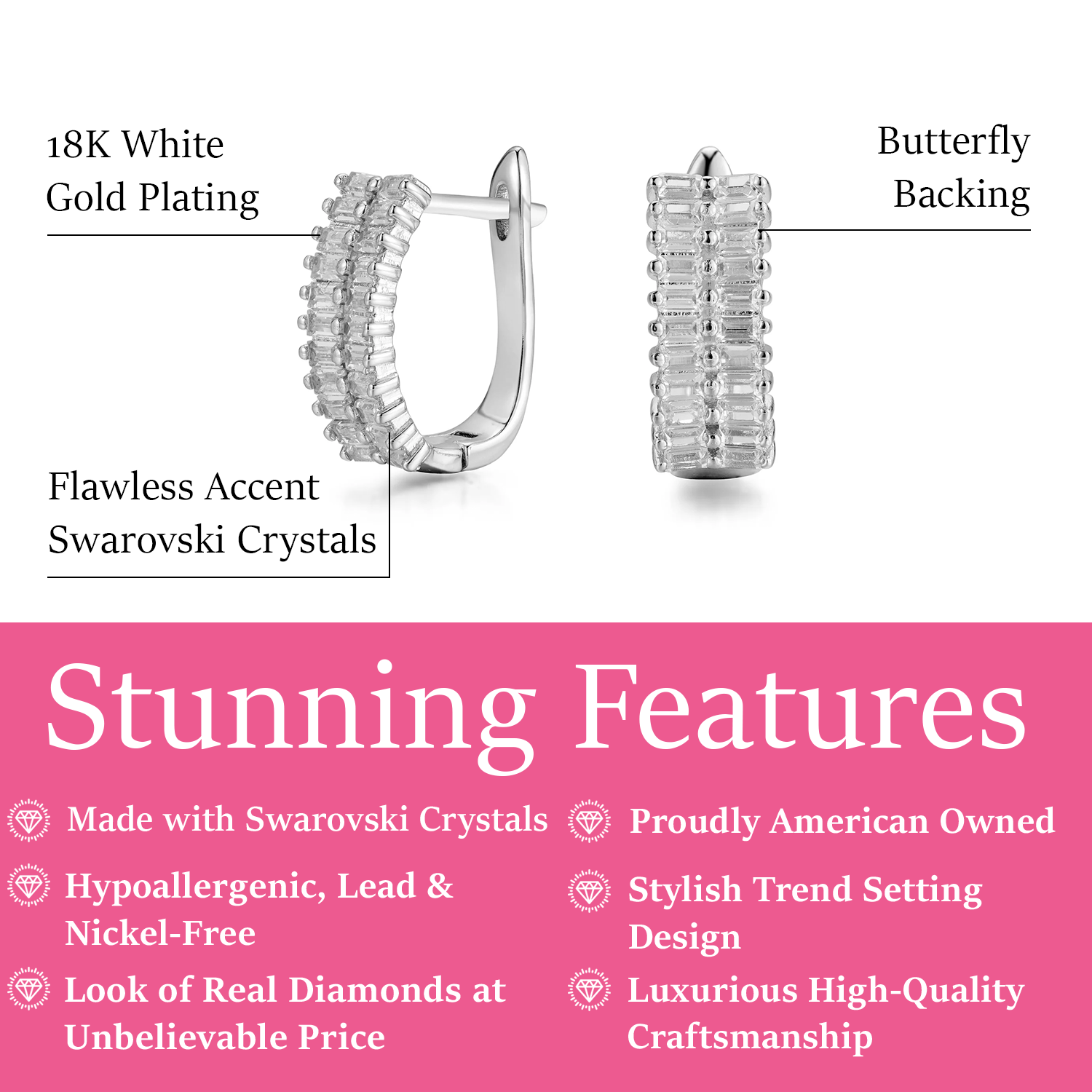 Pixie 18k White Gold Plated 17mm Hoop Earrings with Simulated Diamond Crystals