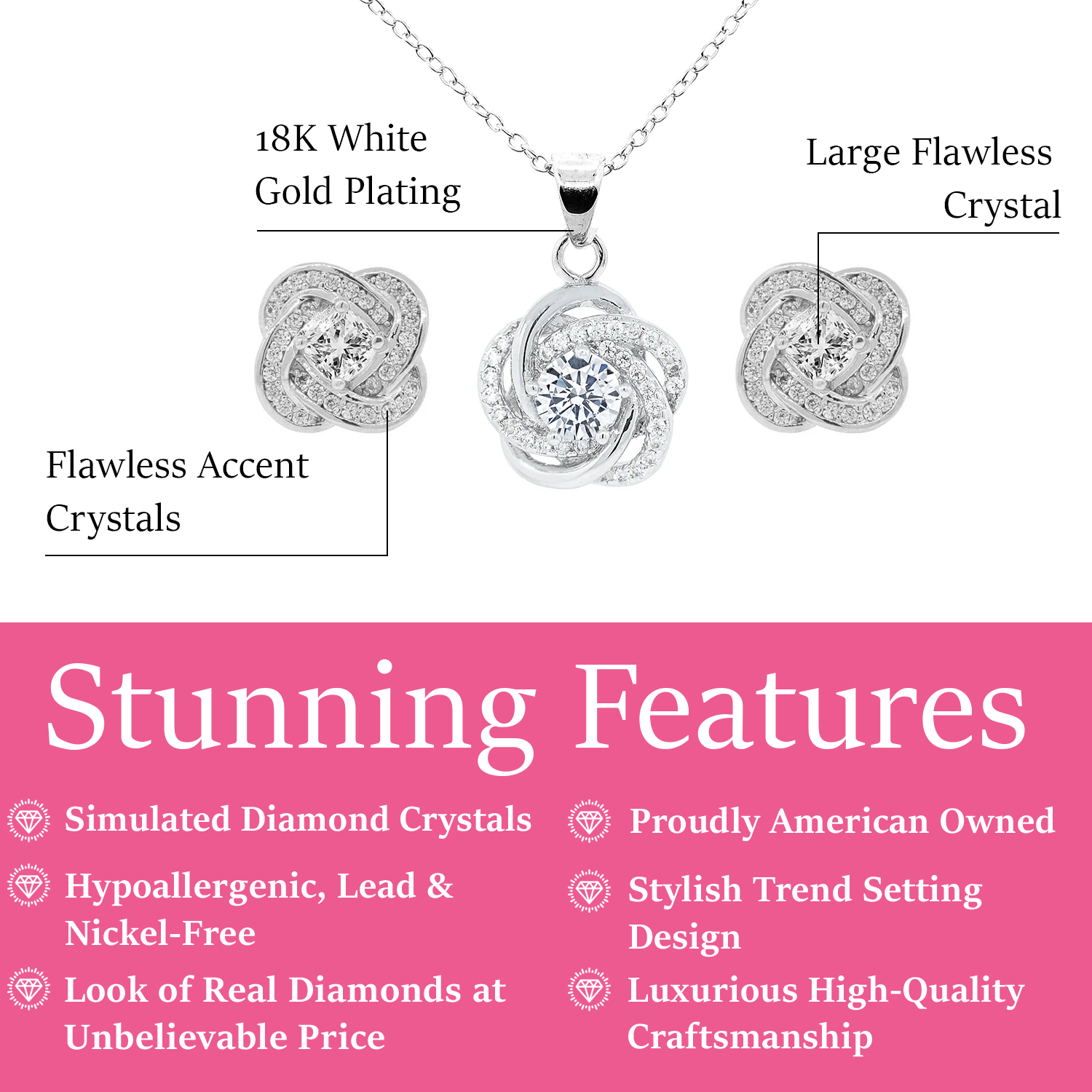 Stella 18k White Gold Plated Pendant Necklace and Stud Earrings Jewelry Set with Simulated Diamond Crystals