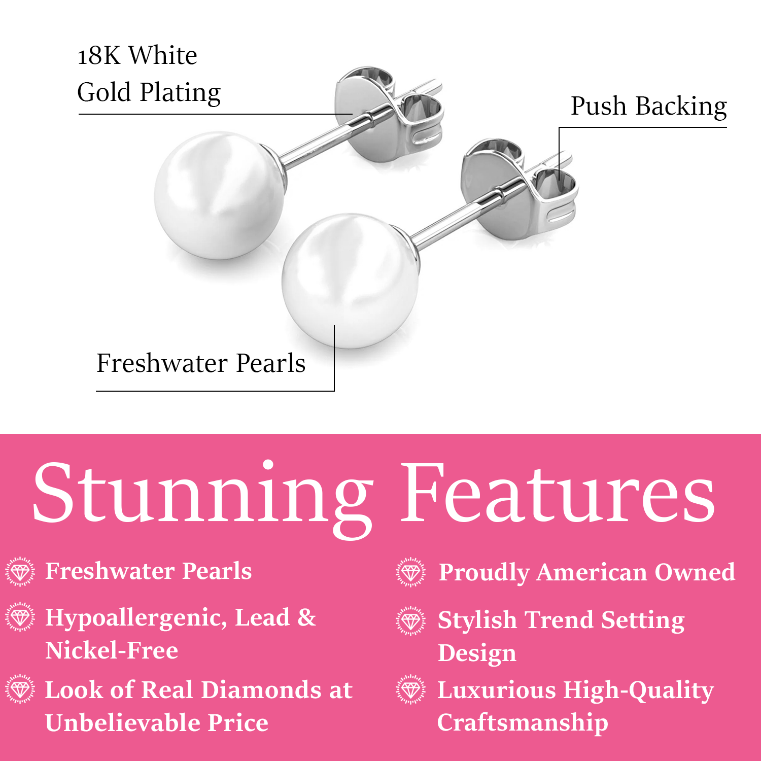 Vivienne 18k White Gold Plated Stud Earrings with Shell Pearls