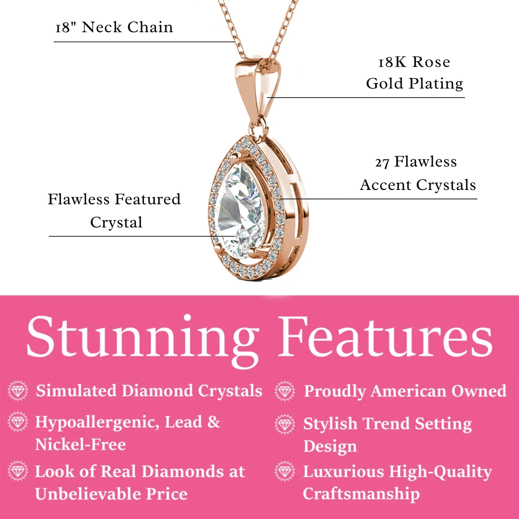 Isabel 18k Gold Plated Teardrop Pendant Necklace with Simulated Diamond Crystals (3 Pair Set)