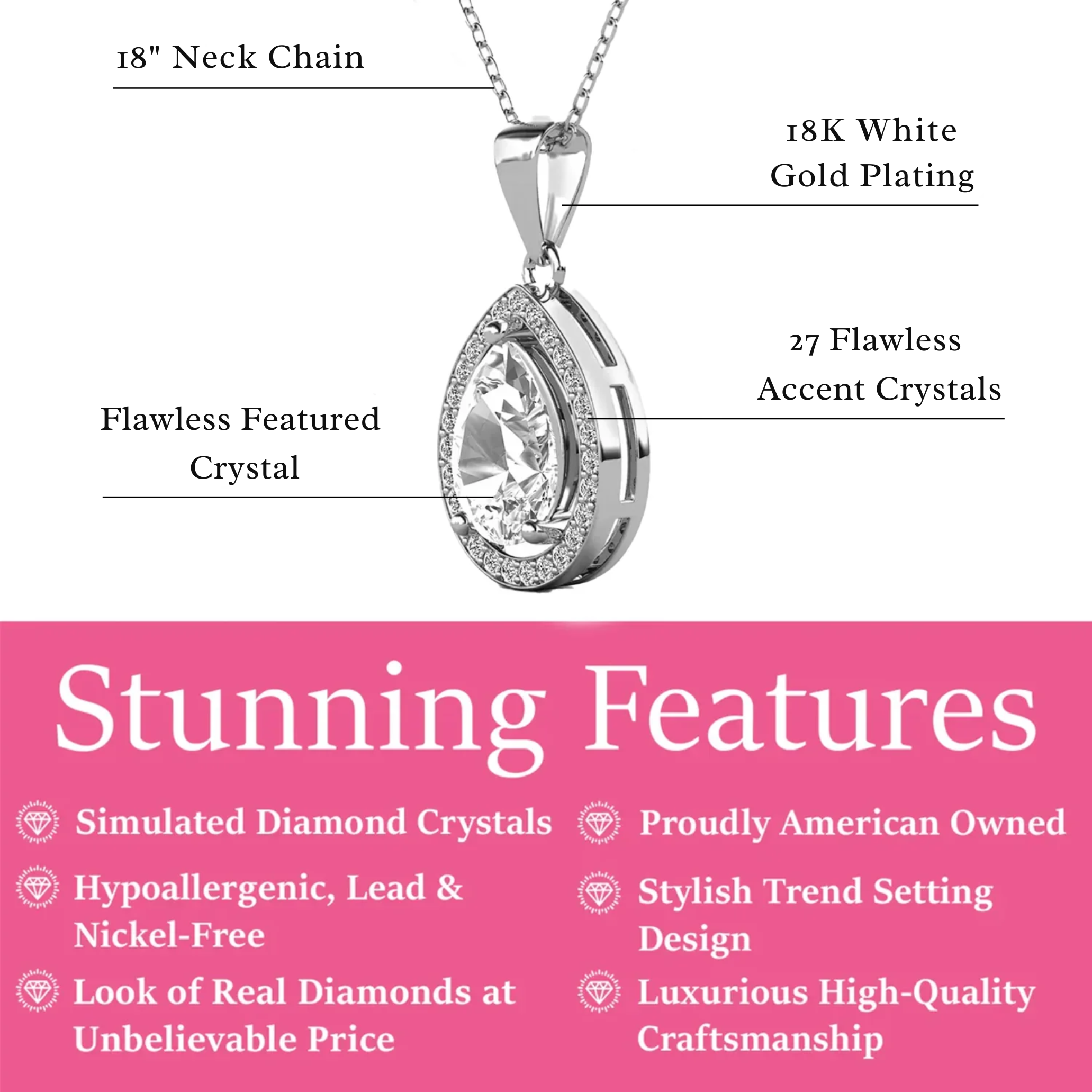 Isabel 18k Gold Plated Teardrop Pendant Necklace with Simulated Diamond Crystals (3 Pair Set)
