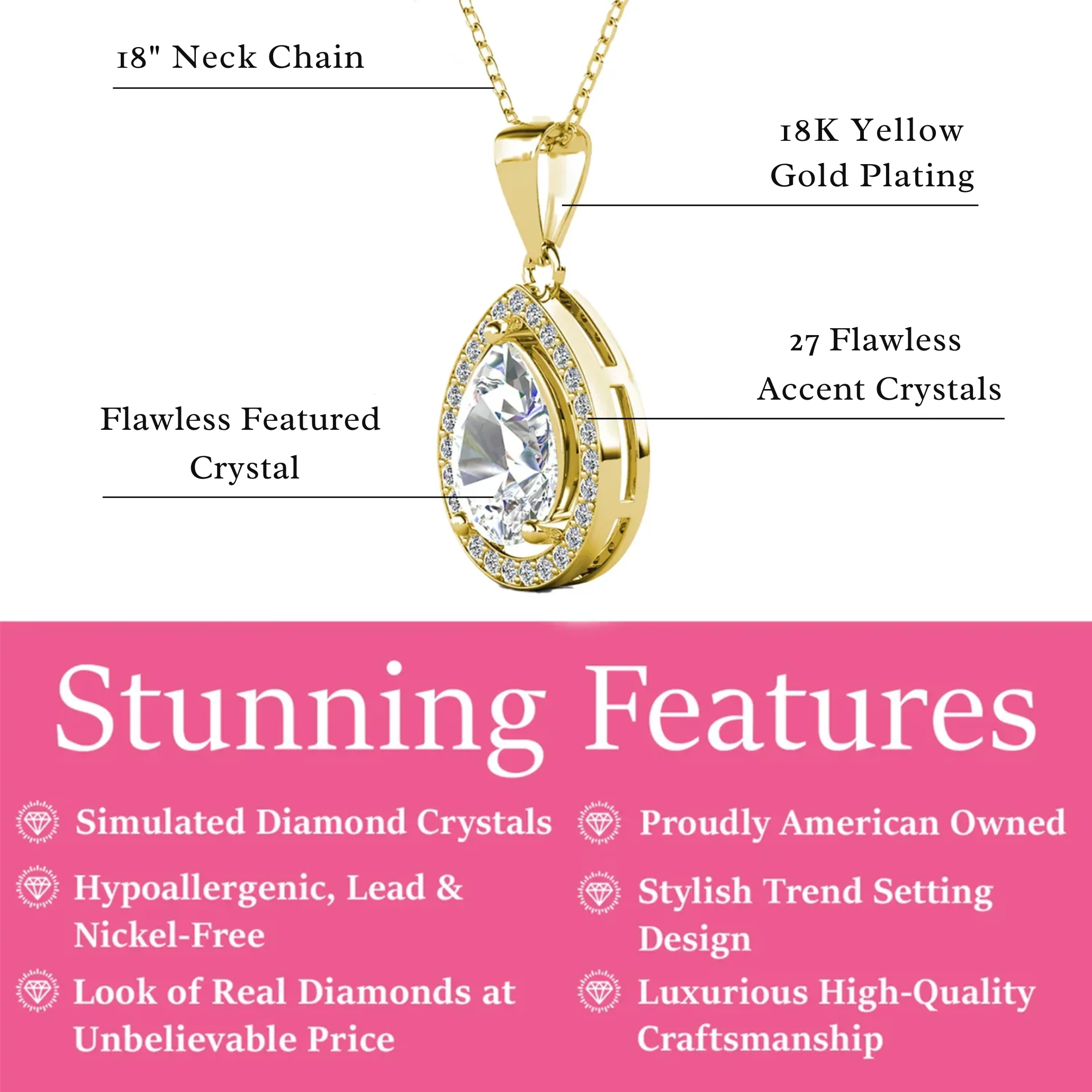 Isabel 18k Gold Plated Teardrop Pendant Necklace with Simulated Diamond Crystals (3 Pair Set)