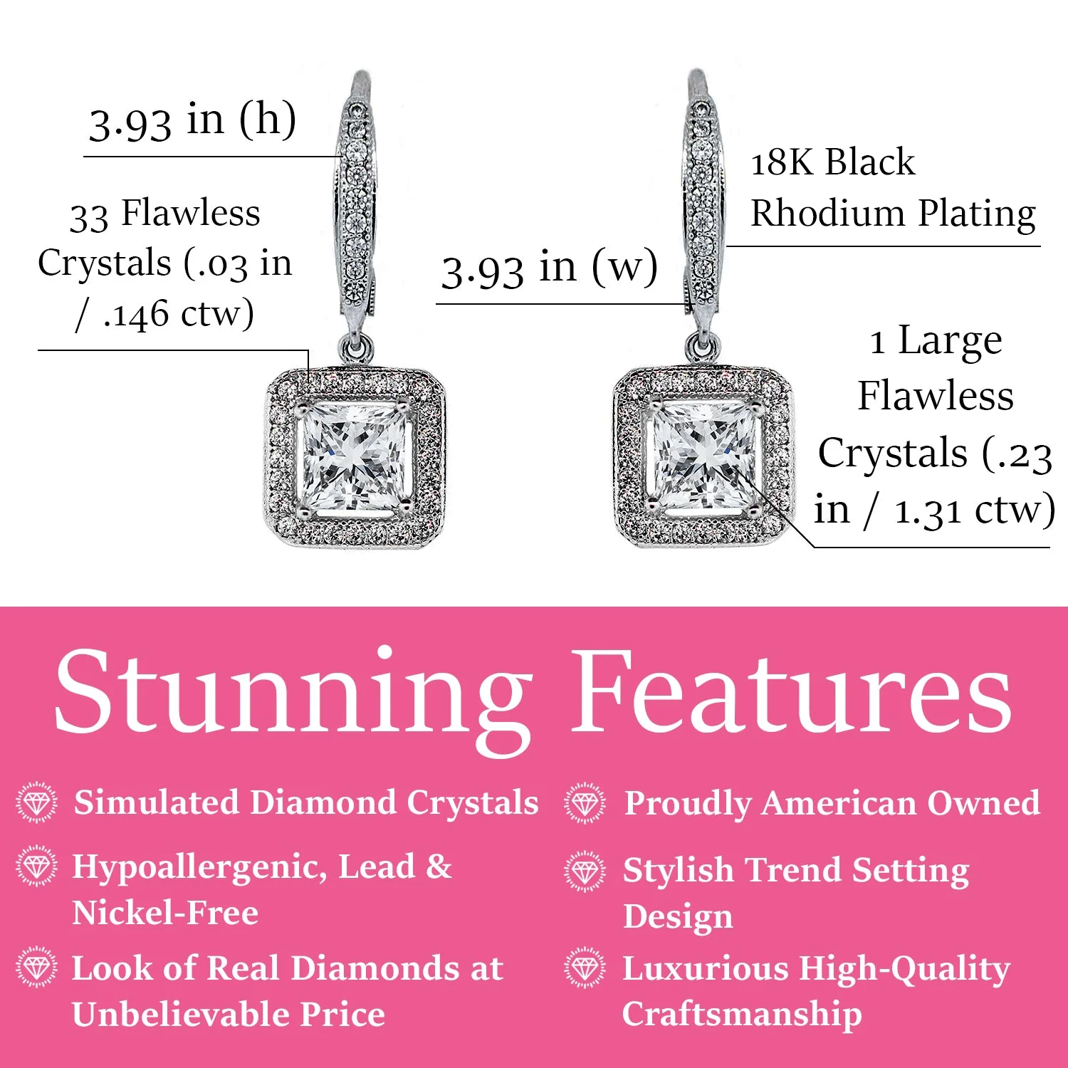 Ivy 18k White Gold Plated Halo Dangle Earrings with Princess Cut Simulated Diamond Crystals — Final Sale