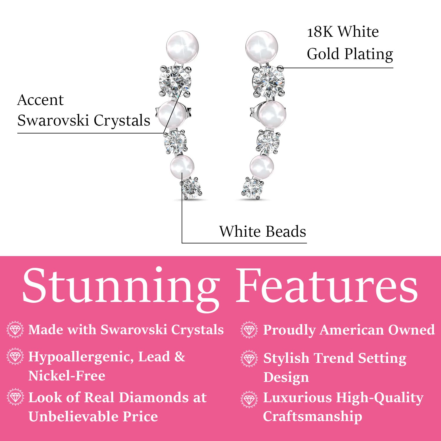 Juniper 18k White Gold Wrap Earrings White Beads with Swarovski Crystals — Final Sale