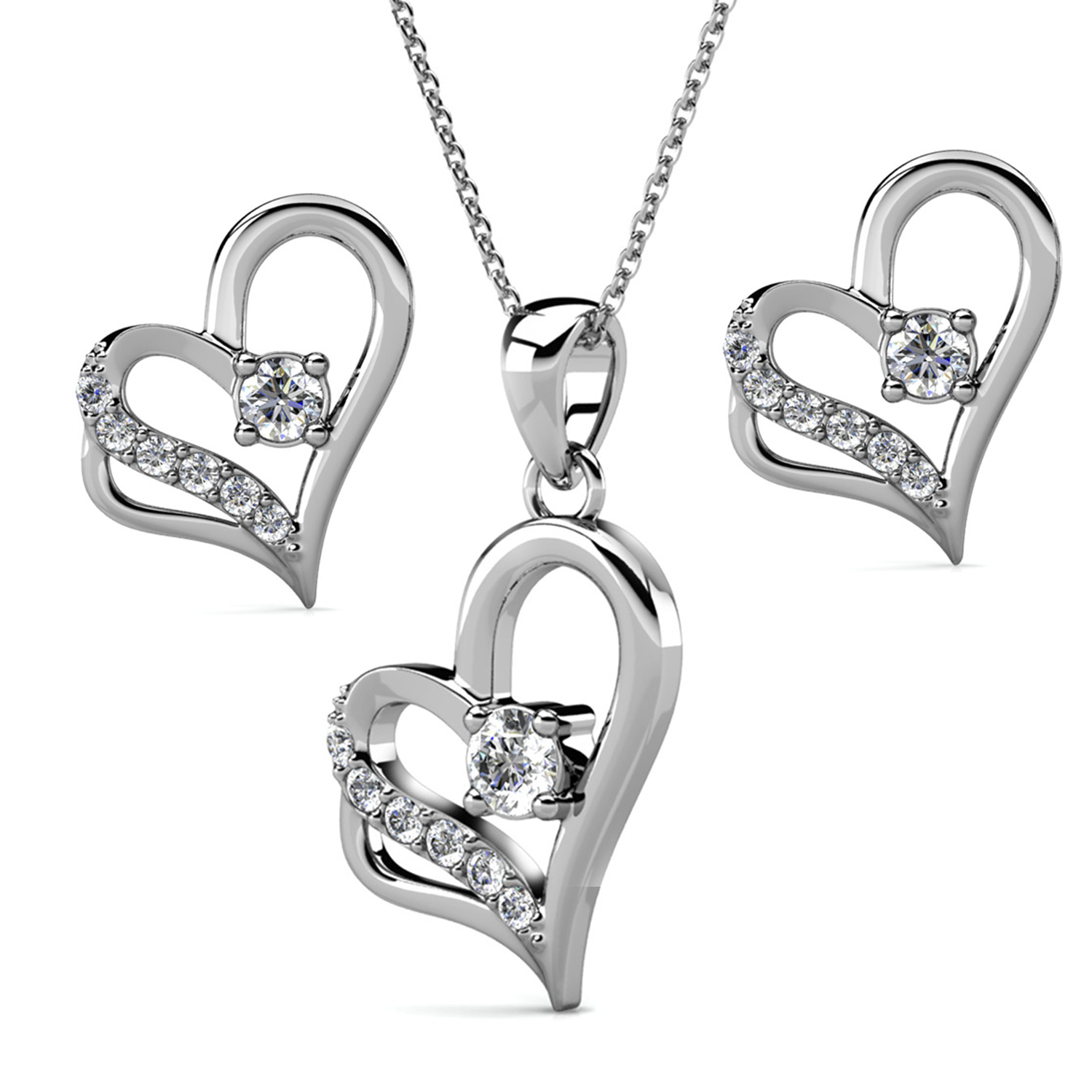 Kara 18k White Gold Plated Silver Heart Necklace and Earring Set with Swarovski Crystals