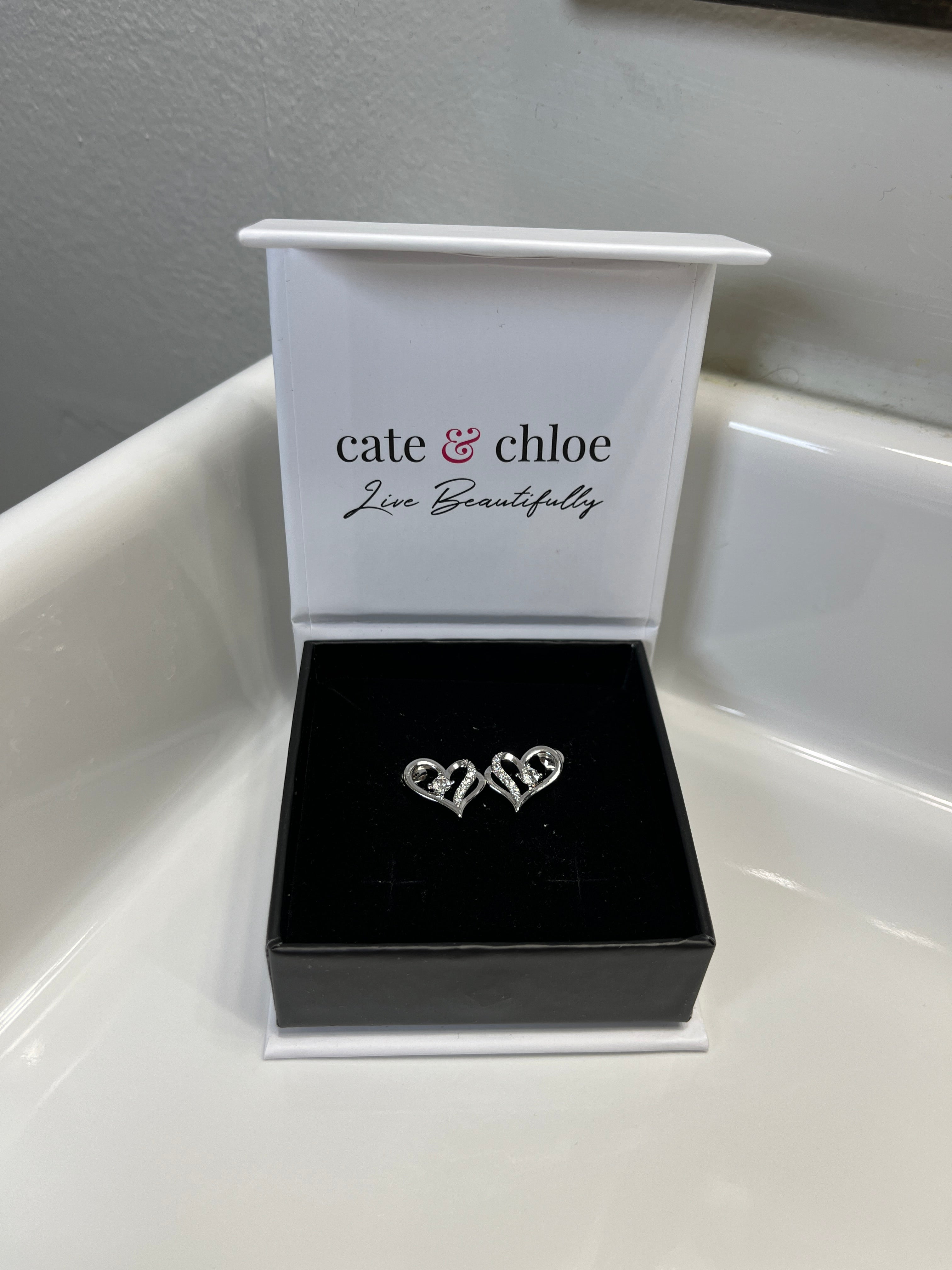 Kara 18k White Gold Plated Silver Heart Stud Earrings with Swarovski Crystals