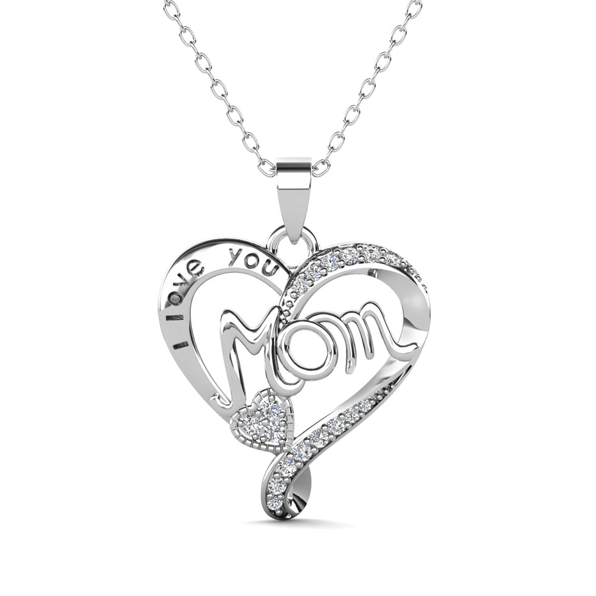 Karina 18k White Gold Plated Mom Heart Pendant Necklace with Simulated Diamond Crystals