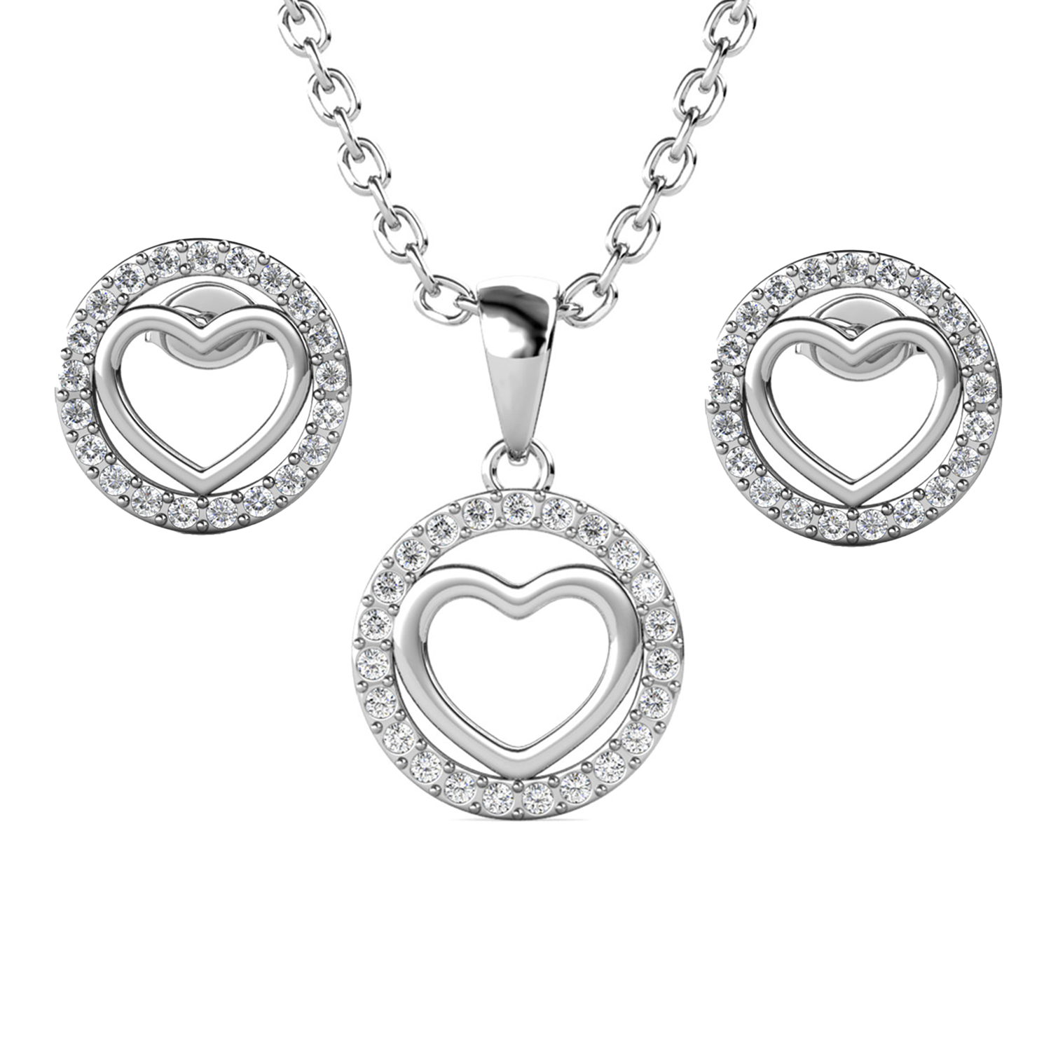 Khaleesi 18k White Gold Plated Silver Heart Necklace and Earring Set with Swarovski Crystals