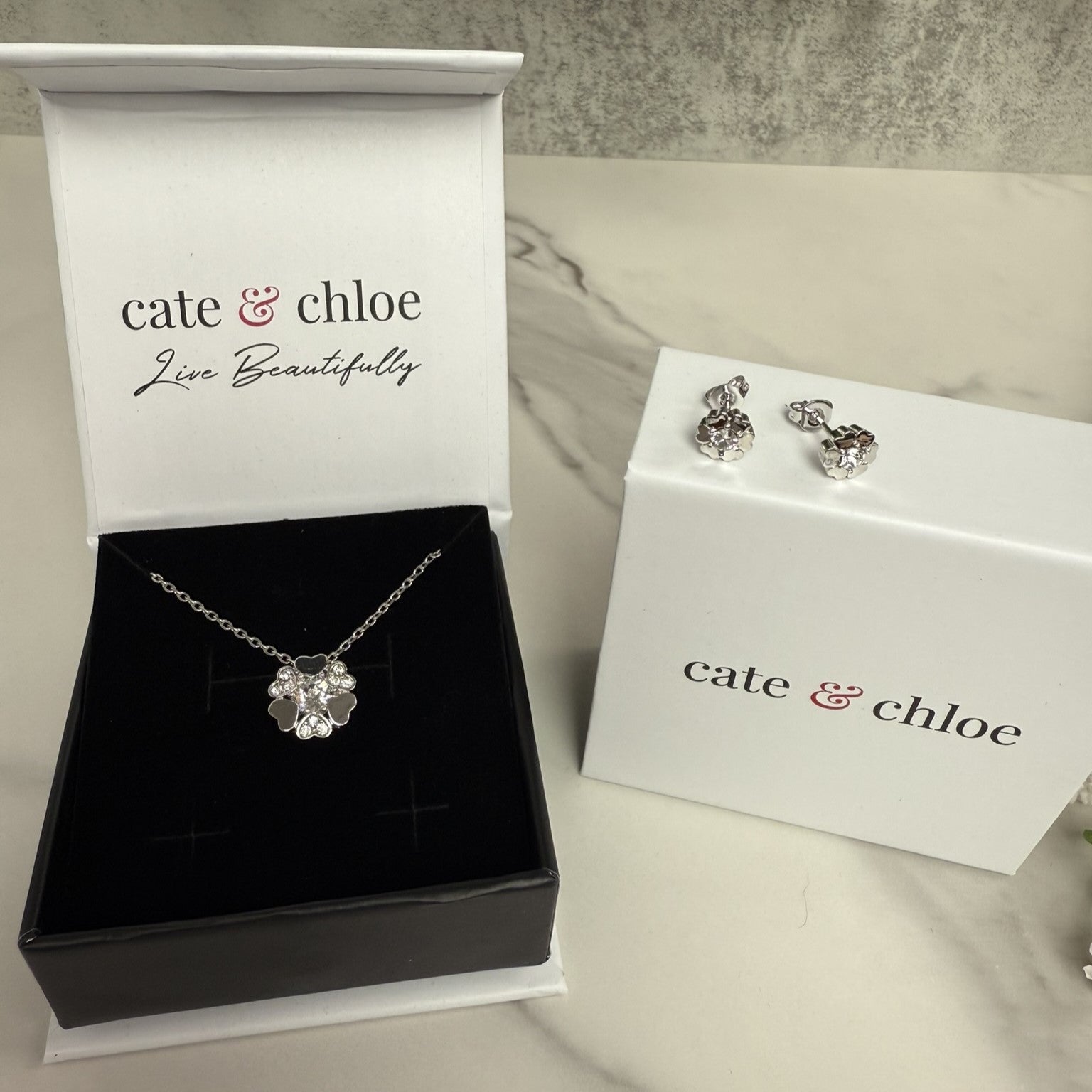 Khloe 18k White Gold Heart Necklace and Stud Earrings Jewelry Set with Crystals