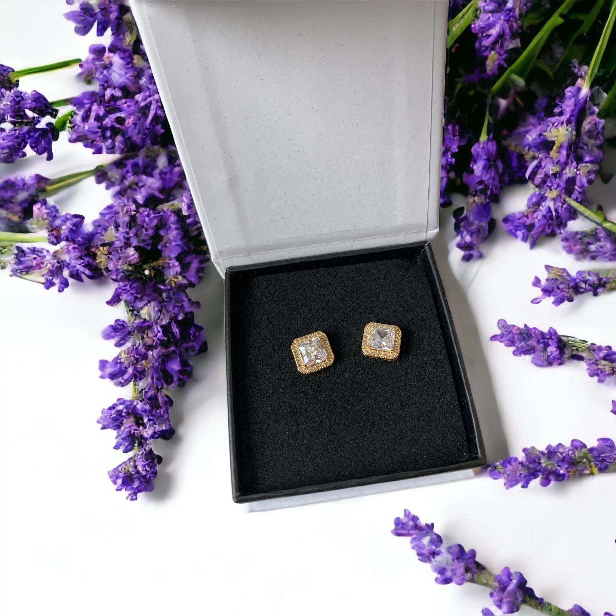 Londyn 18k White Gold Plated Princess Cut Halo Stud Earrings with Simulated Diamond Crystals — Fab Fav Sale