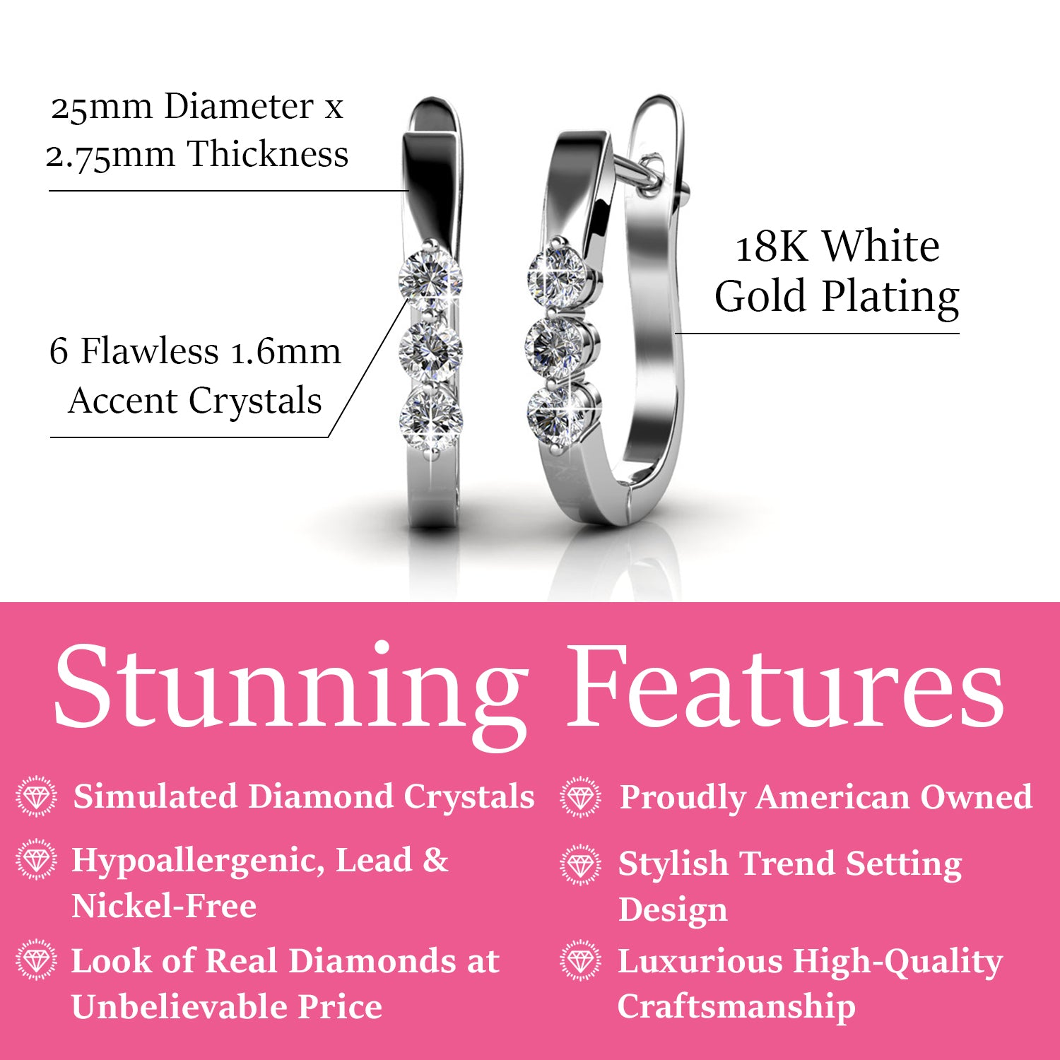 Lana "Elegant" 18K White Gold 3 Stone Swarovski Hoop Earrings - Fab Friday
