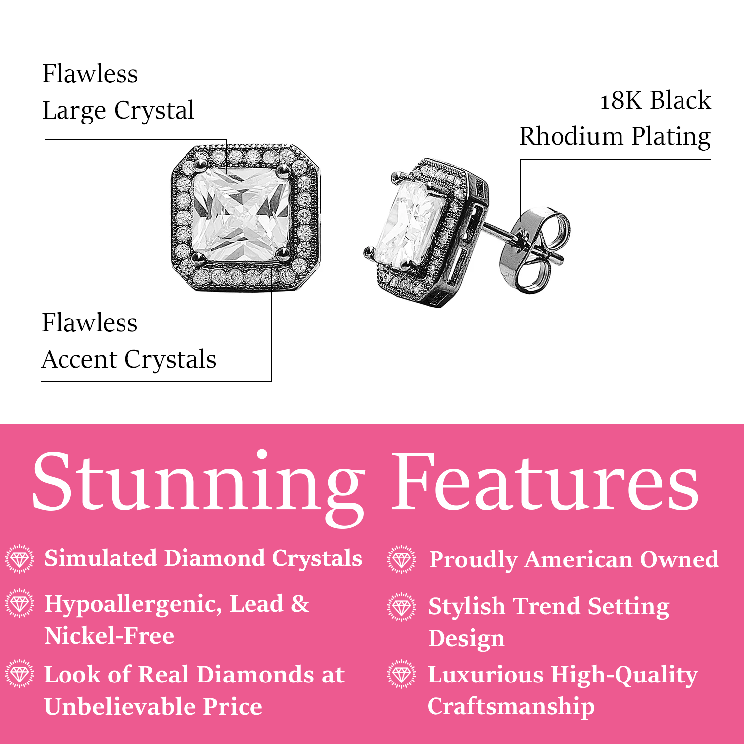 Londyn 18k White Gold Plated Princess Cut Halo Stud Earrings with Simulated Diamond Crystals — Fab Fav Sale