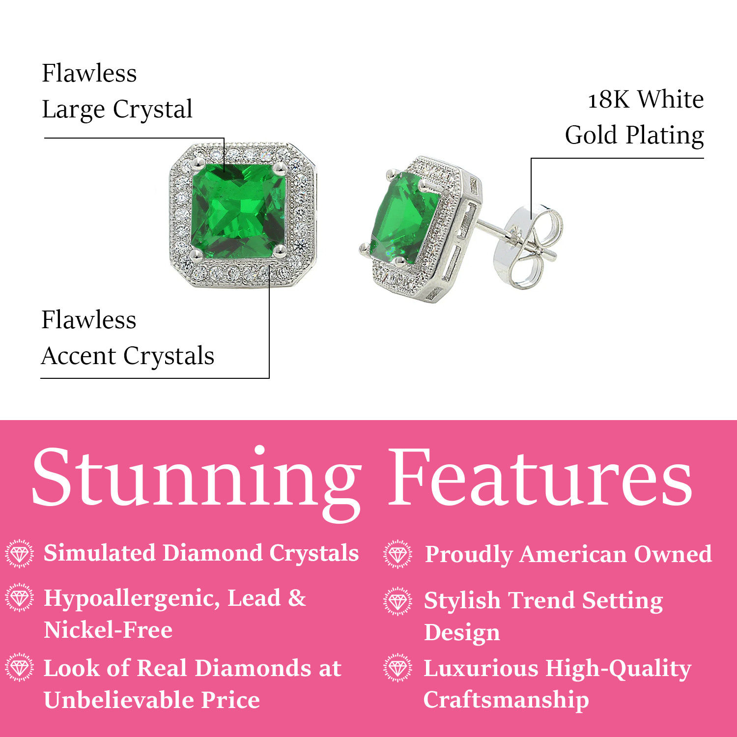 Londyn 18k White Gold Plated Princess Cut Halo Stud Earrings with Simulated Diamond Crystals — Fab Fav Sale