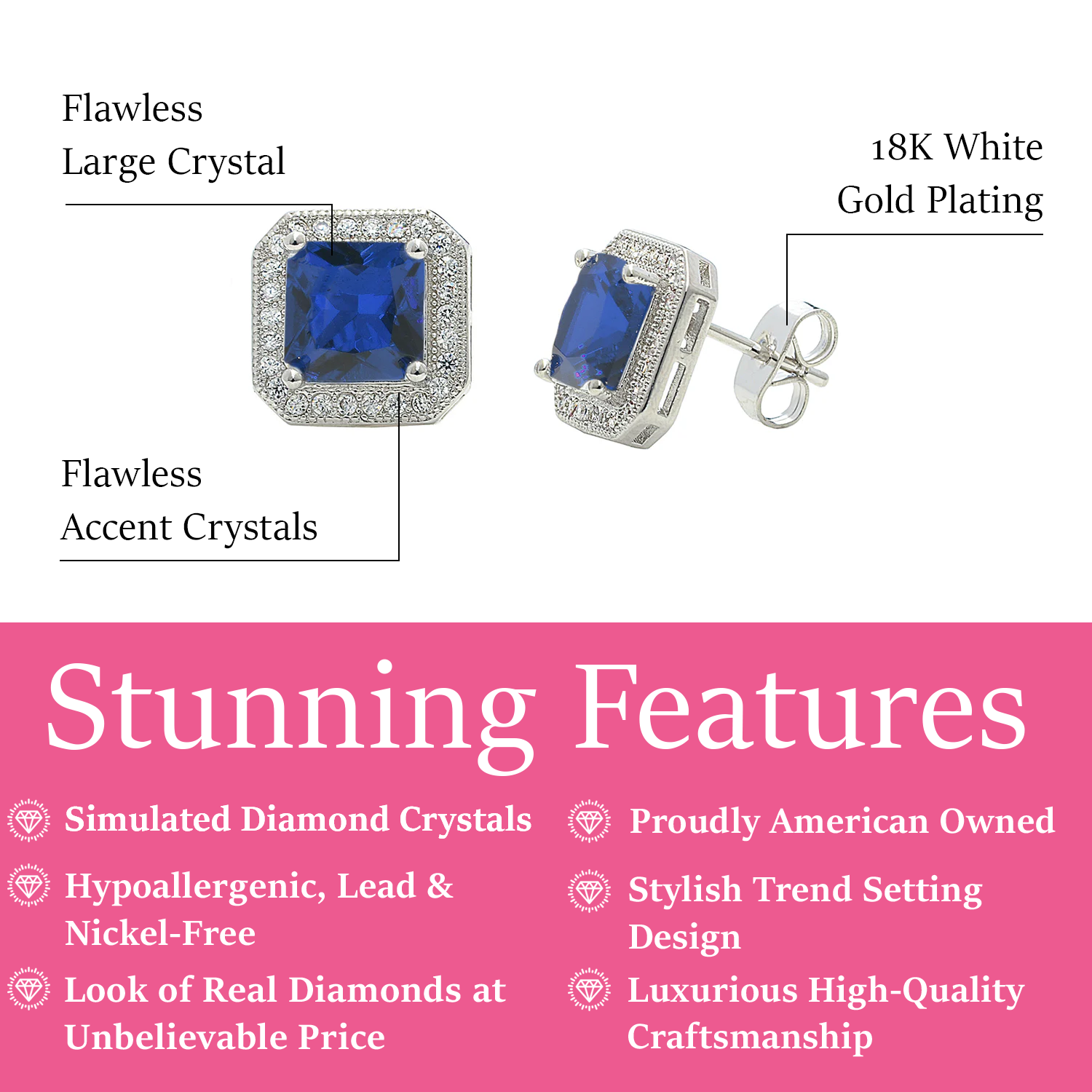 Londyn 18k White Gold Plated Princess Cut Halo Stud Earrings with Simulated Diamond Crystals — Fab Fav Sale