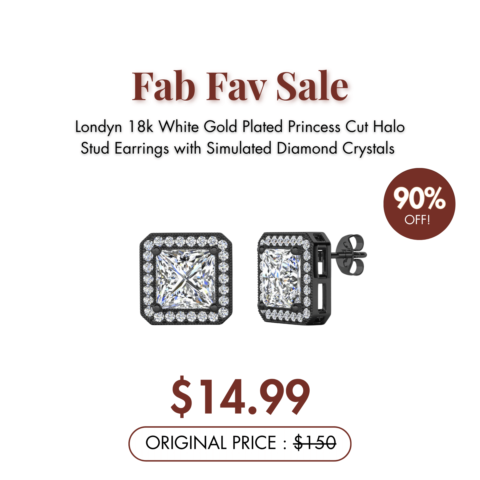 Londyn 18k White Gold Plated Princess Cut Halo Stud Earrings with Simulated Diamond Crystals — Fab Fav Sale