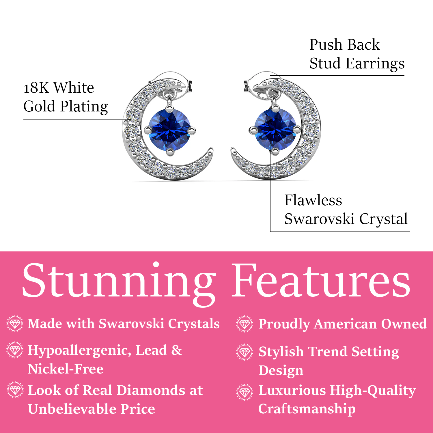 Luna September Birthstone Sapphire 18k White Gold Plated Crescent Stud Earrings with Round Cut Swarovski Crystals