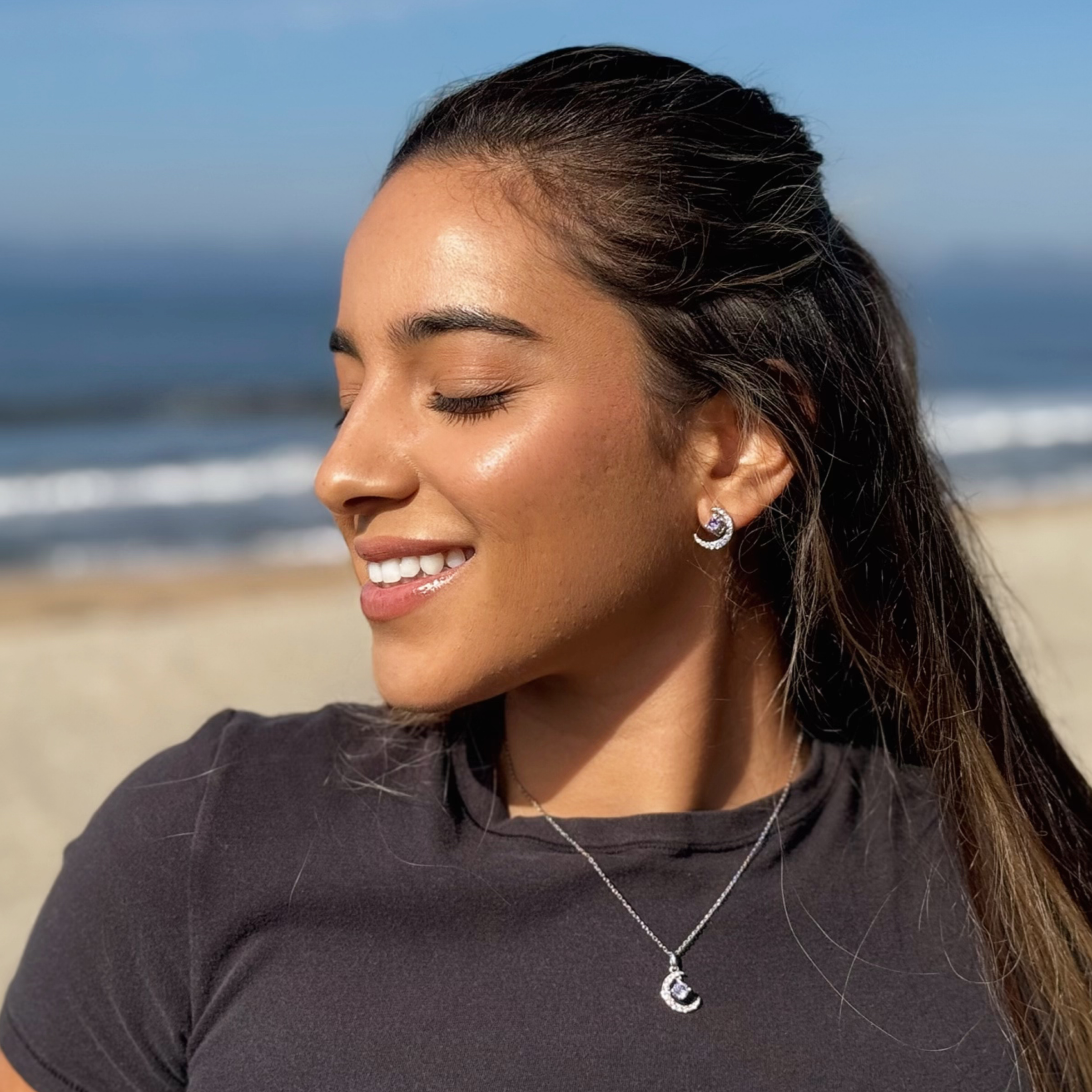 Luna June Birthstone Alexandrite Necklace 18k White Gold Plated Crescent Pendant Necklace with Round Cut Swarovski Crystals