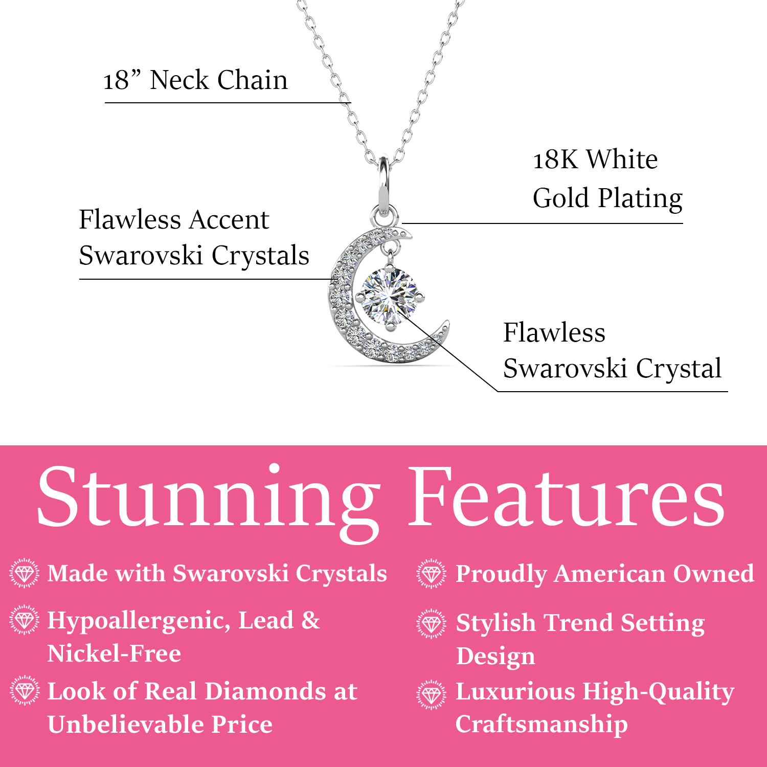 Luna April Birthstone Diamond Necklace 18k White Gold Plated Crescent Pendant Necklace with Round Cut Swarovski Crystals