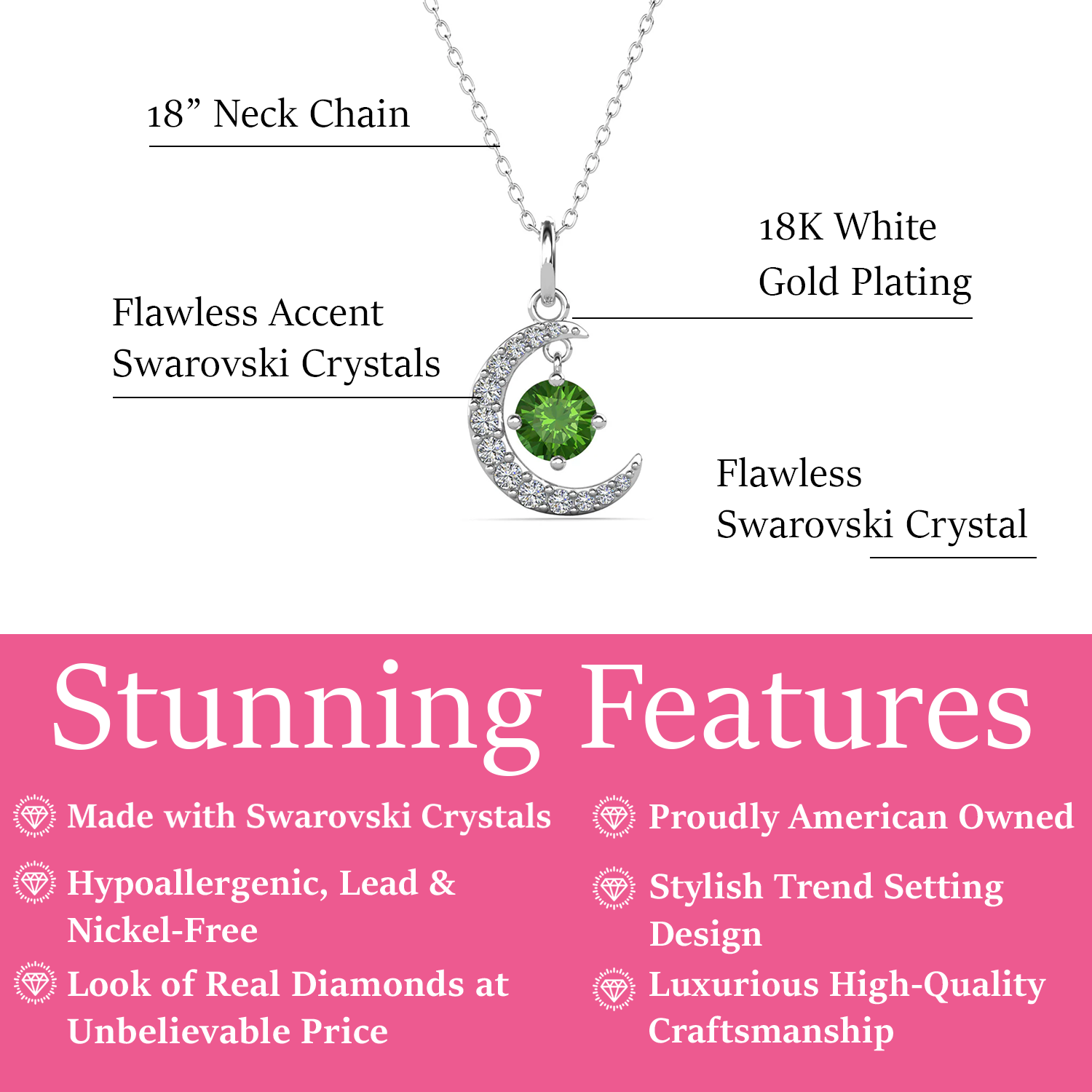 Luna August Birthstone Peridot Necklace 18k White Gold Plated Crescent Pendant Necklace with Round Cut Swarovski Crystals
