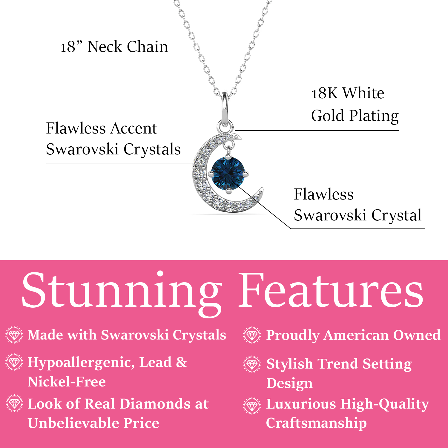 Luna December Birthstone Blue Topaz Necklace 18k White Gold Plated Crescent Pendant Necklace with Round Cut Swarovski Crystals