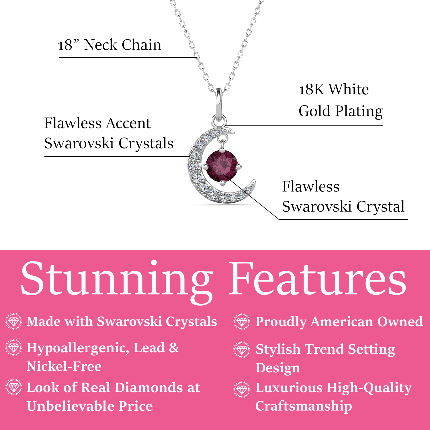 Luna February Birthstone Amethyst Necklace 18k White Gold Plated Crescent Pendant Necklace with Round Cut Swarovski Crystals