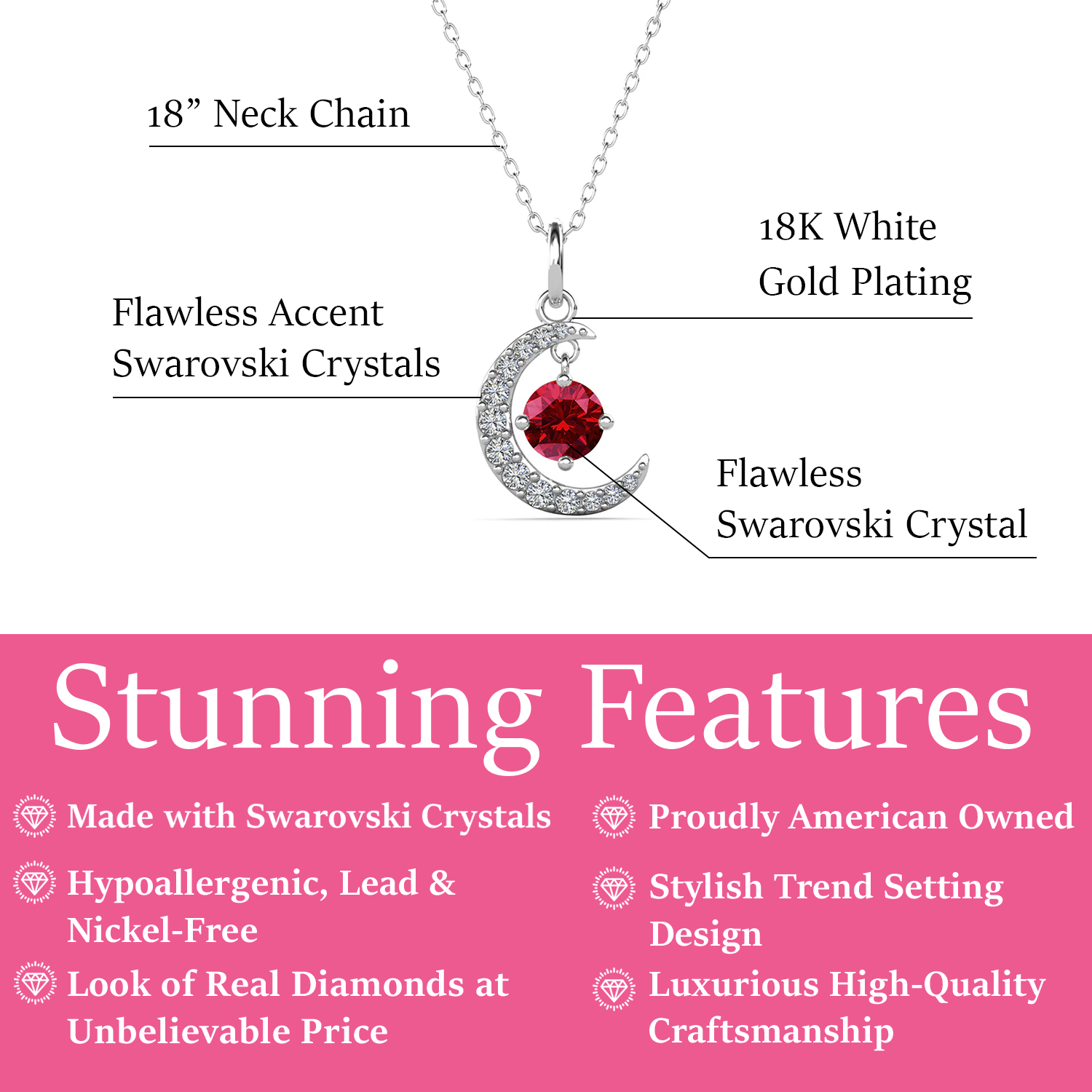 Luna January Birthstone Garnet Necklace 18k White Gold Plated Crescent Pendant Necklace with Round Cut Swarovski Crystals