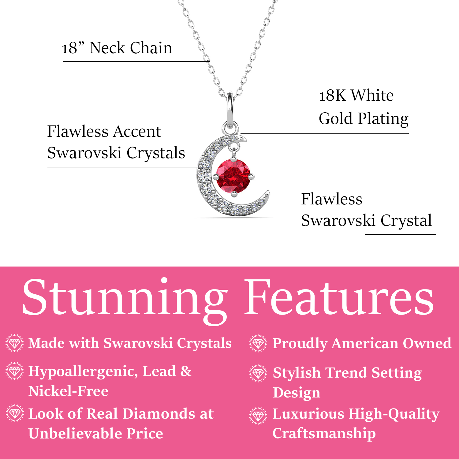 Luna July Birthstone Ruby Necklace 18k White Gold Plated Crescent Pendant Necklace with Round Cut Swarovski Crystals