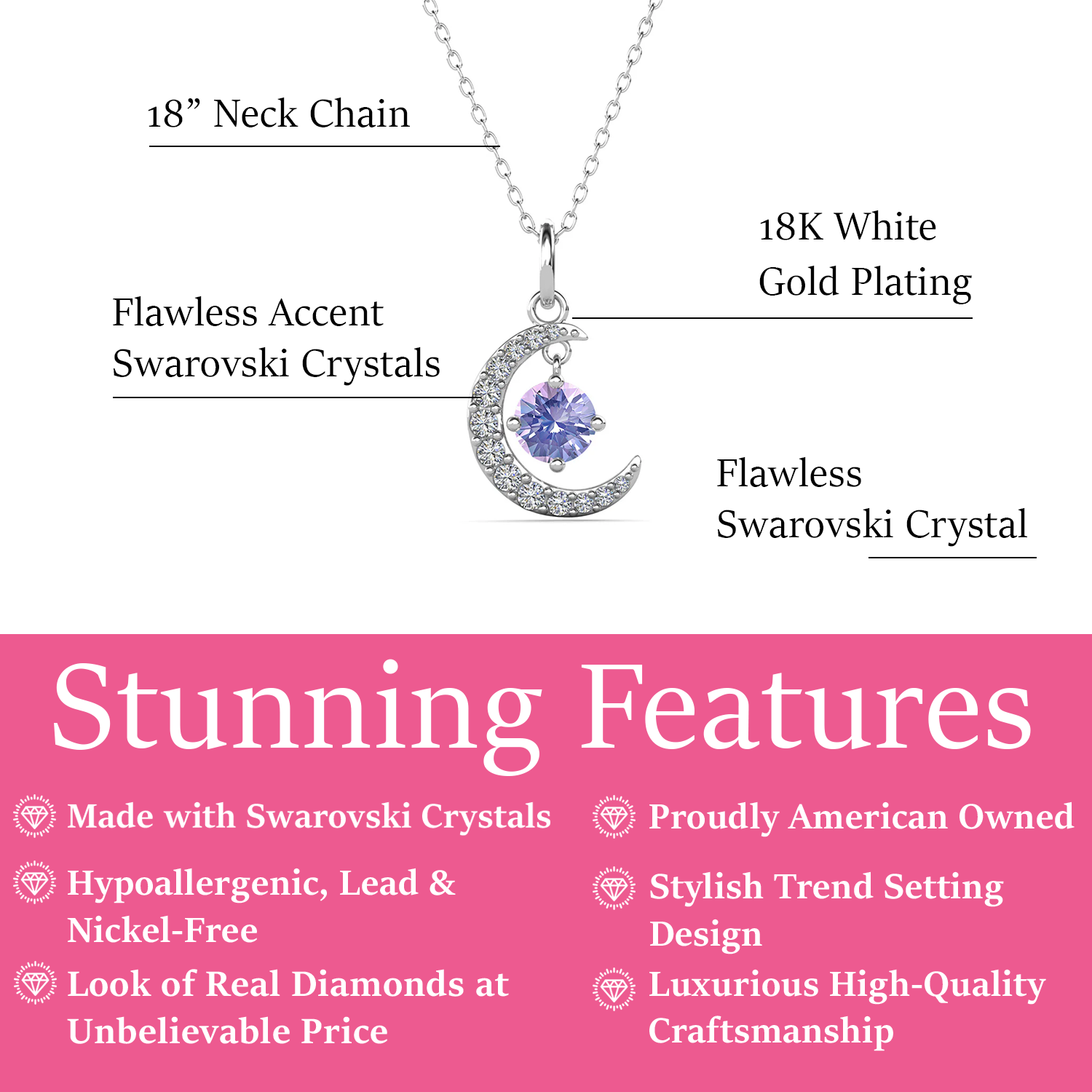 Luna June Birthstone Alexandrite Necklace 18k White Gold Plated Crescent Pendant Necklace with Round Cut Swarovski Crystals