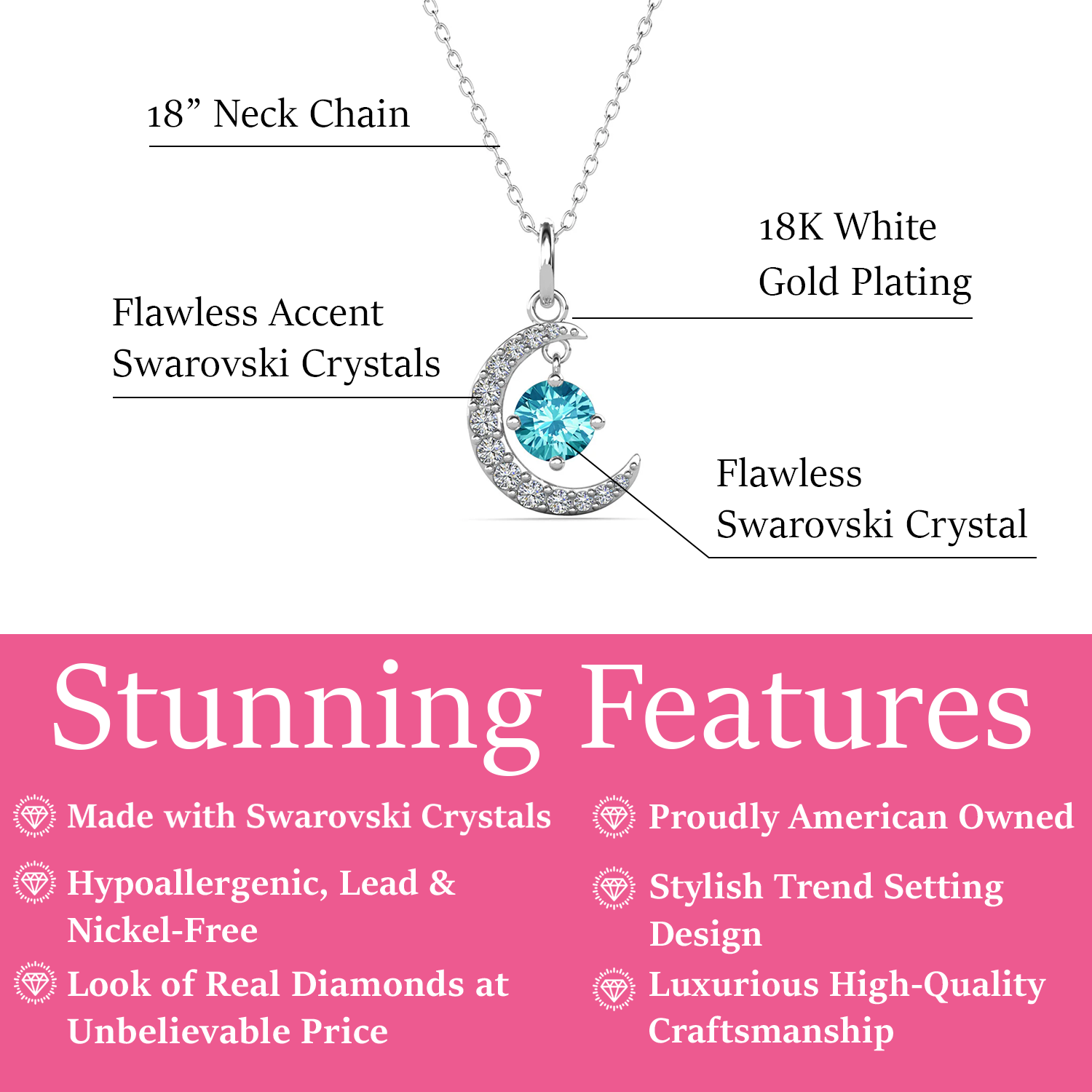 Luna March Birthstone Aquamarine Necklace 18k White Gold Plated Crescent Pendant Necklace with Round Cut Swarovski Crystals