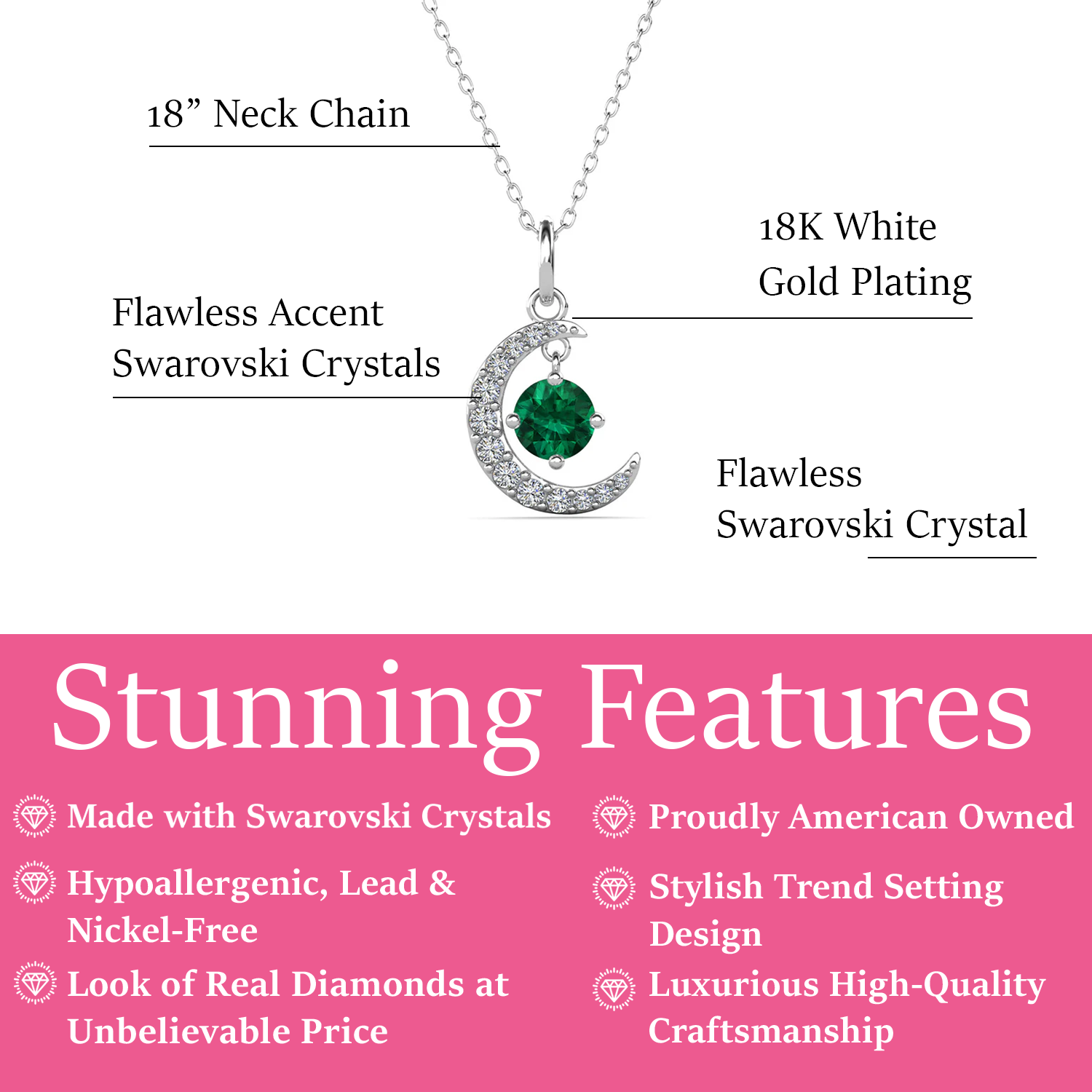 Luna May Birthstone Emerald Necklace 18k White Gold Plated Crescent Pendant Necklace with Round Cut Swarovski Crystals
