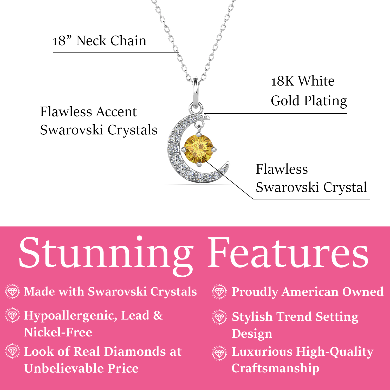 Luna November Birthstone Citrine Necklace 18k White Gold Plated Crescent Pendant Necklace with Round Cut Swarovski Crystals