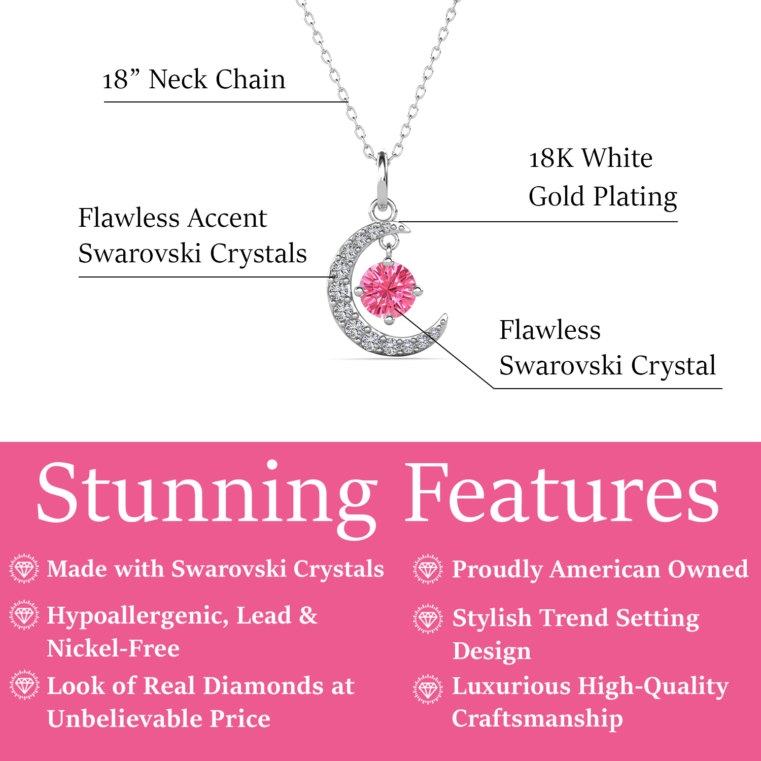 Luna October Birthstone Pink Tourmaline Necklace 18k White Gold Plated Crescent Pendant Necklace with Round Cut Swarovski Crystals