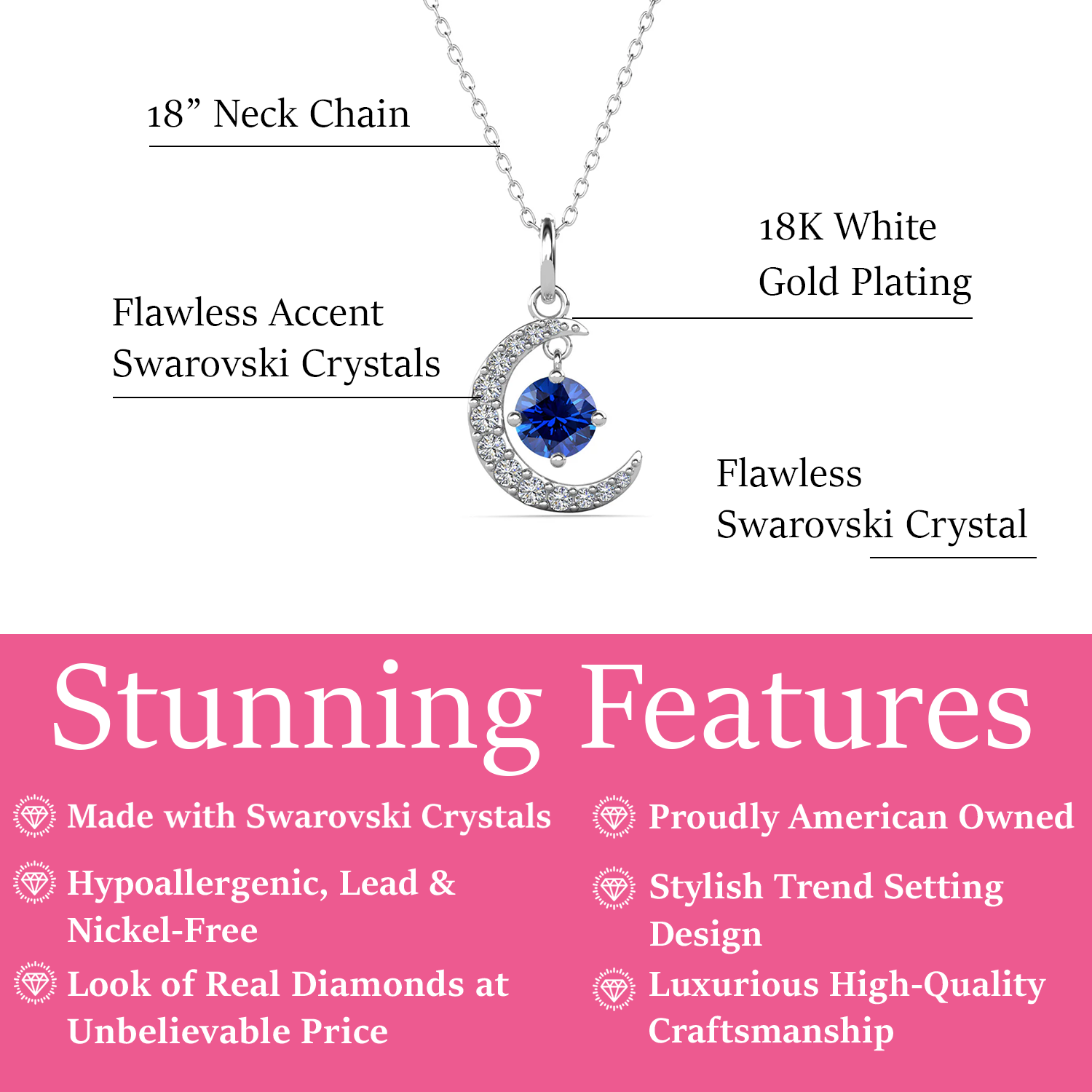 Luna September Birthstone Sapphire Necklace 18k White Gold Plated Crescent Pendant Necklace with Round Cut Swarovski Crystals