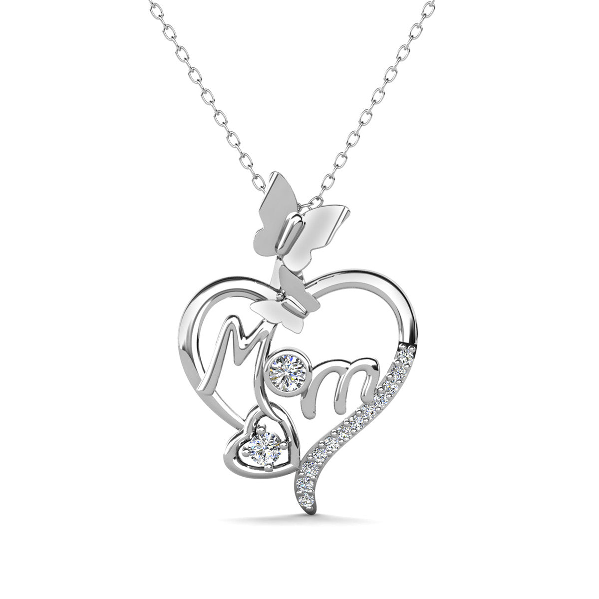 Mabel 18k White Gold Plated Mom Heart Pendant Necklace with Simulated Diamond Crystals