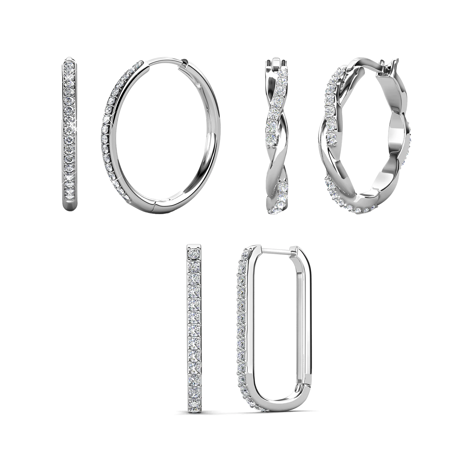 Pack of 3 - Bianca, Nadia, Lauren 18k White Gold Plated Hoop Earrings with Swarovski Crystals