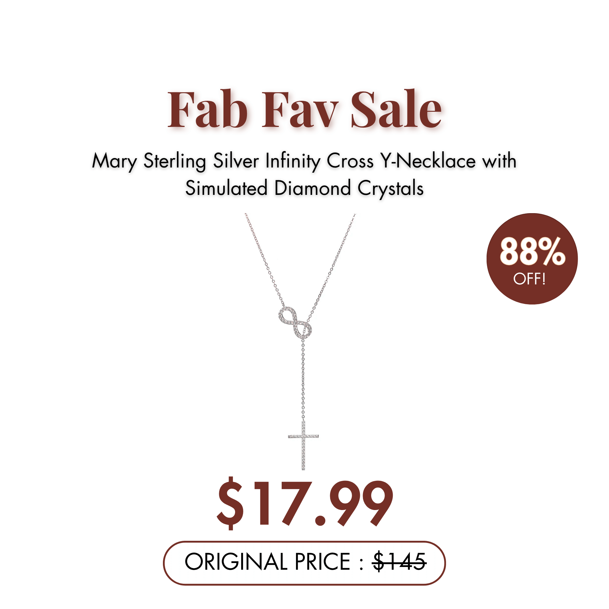 Mary Sterling Silver Infinity Cross Y-Necklace with  Simulated Diamond Crystals — Fab Fav Sale