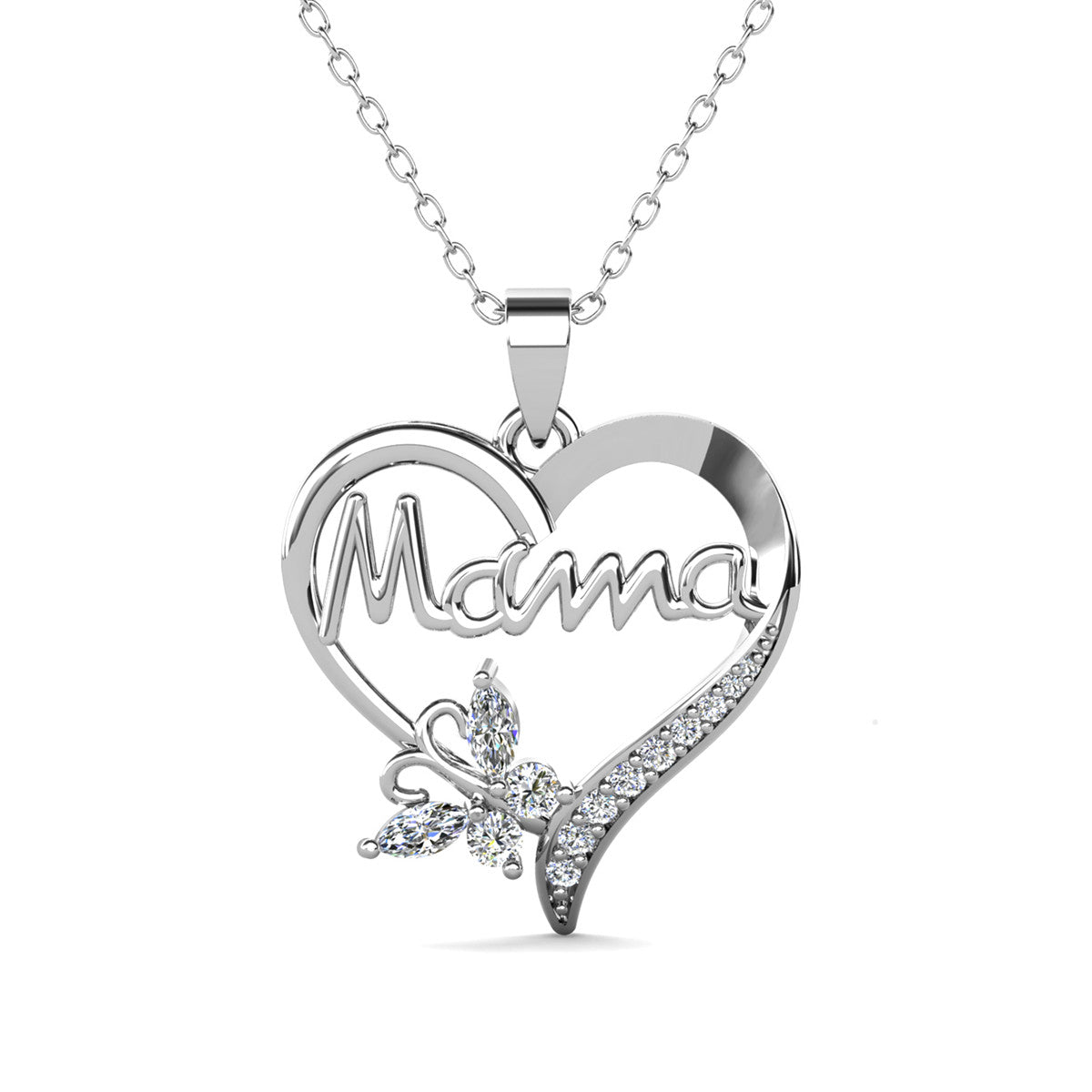 Mavis 18k White Gold Plated Mama Heart Pendant Necklace with Simulated Diamond Crystals